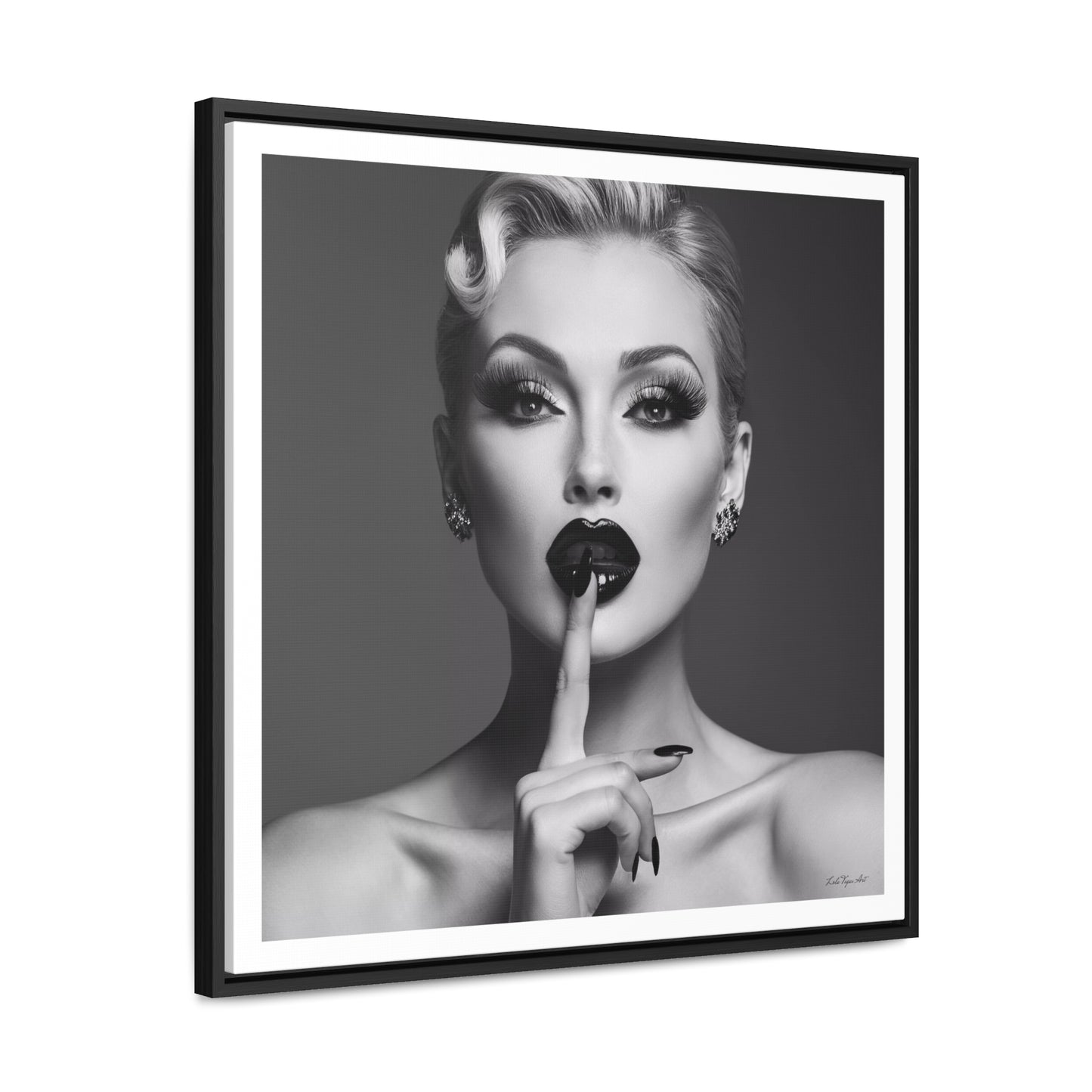 Square Frame Canvas Wall Art, Black & White Glamorous Woman Be Quiet Portrait, Fine Art Photography, Gallery Canvas Wraps, Home Decor, Wall