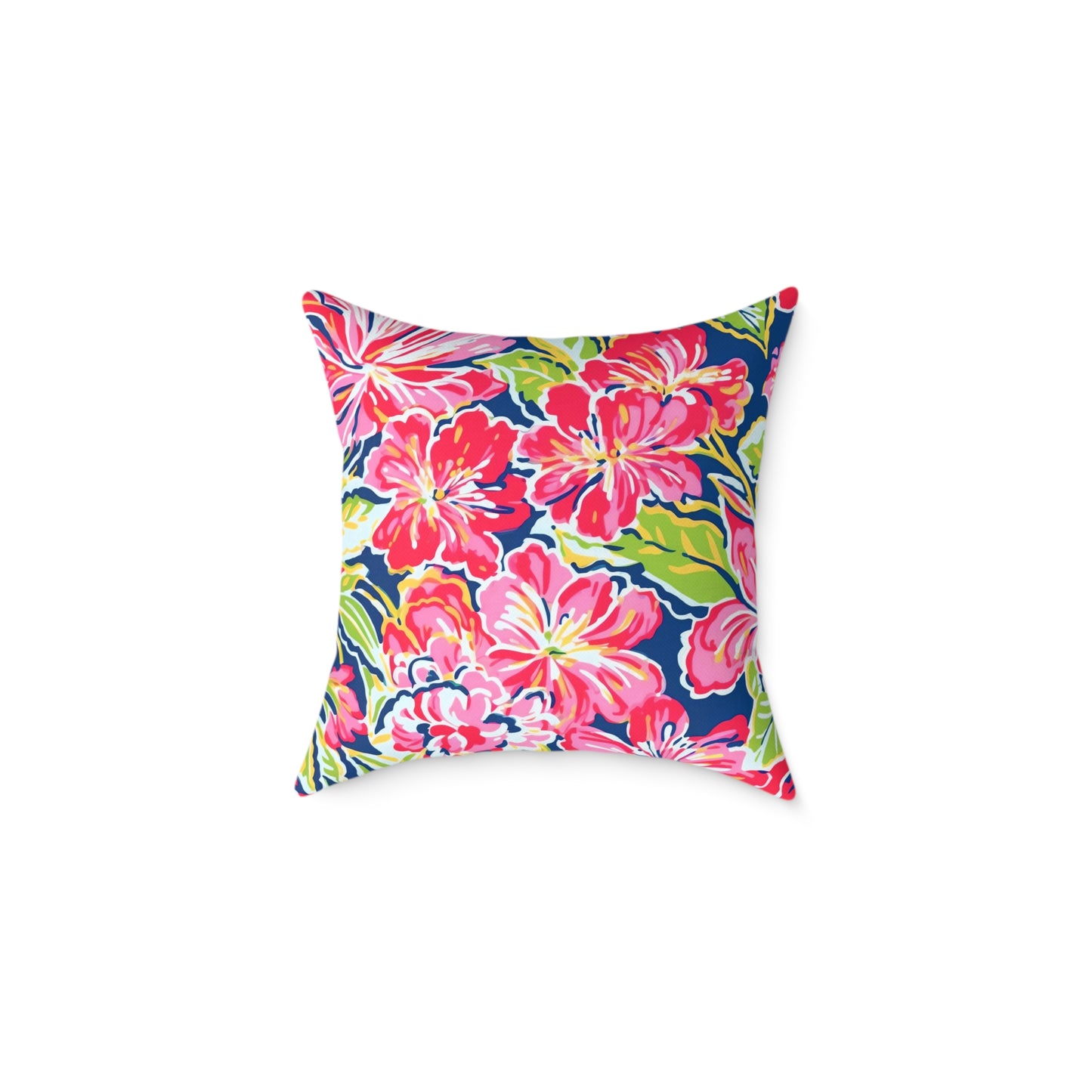 Pink Red Green Blue Tropical Hibiscus Floral Pillow | Square Poly Canvas Pillow