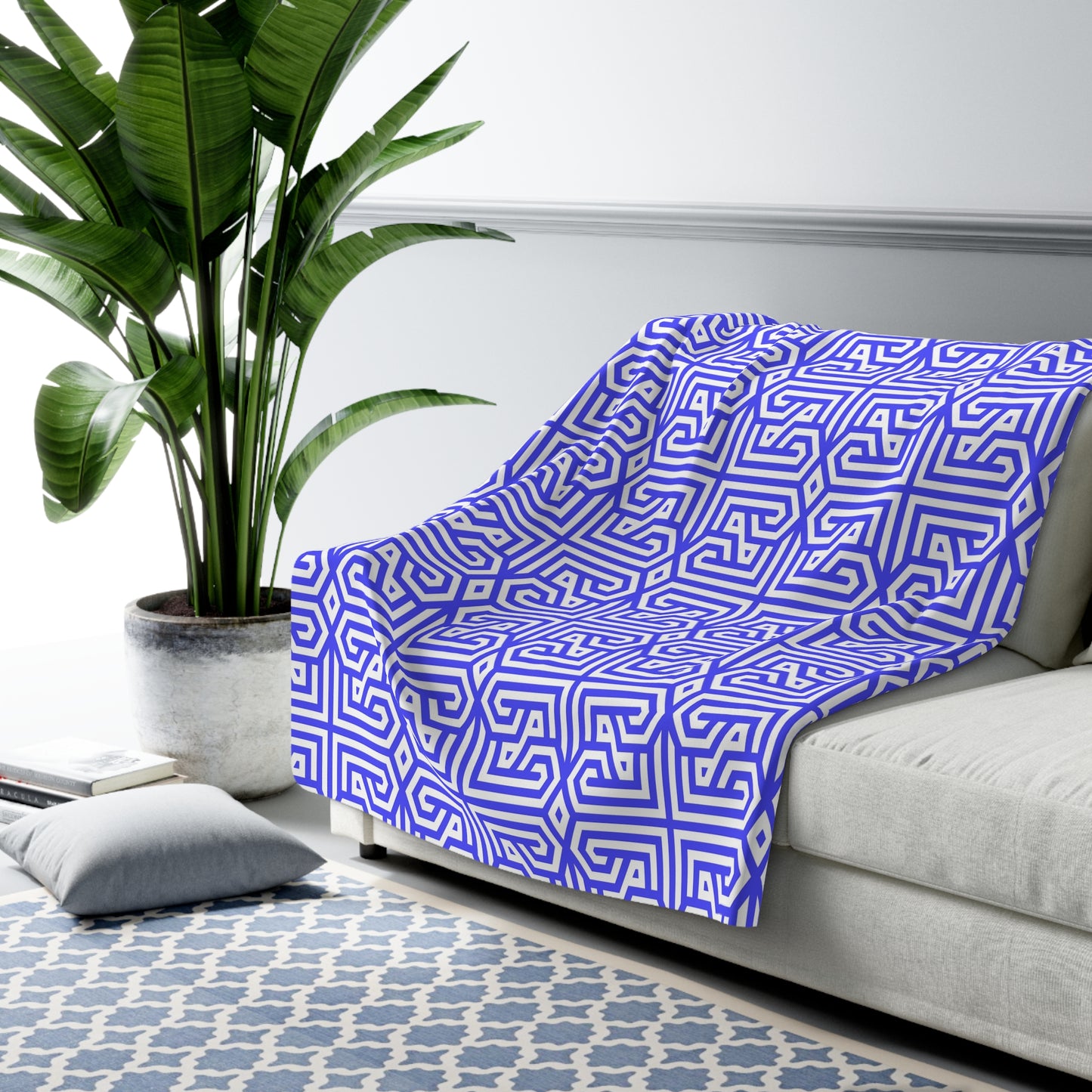 Periwinkle Geometric Maze Pattern Sherpa Fleece Blanket | Modern Grid Throw