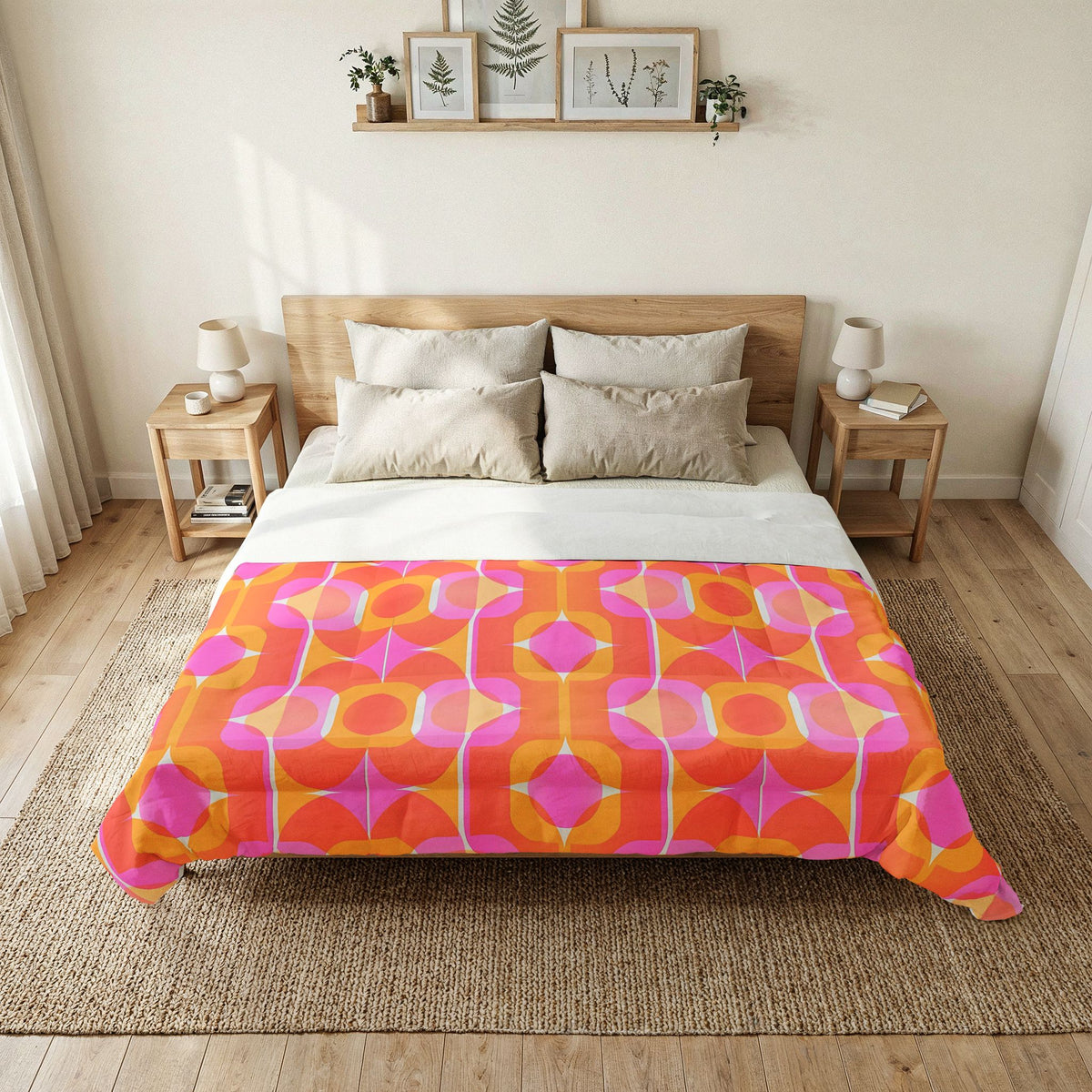 Retro Geometric Pattern Cotton Comforter | Orange Pink Mid Century Bedspread