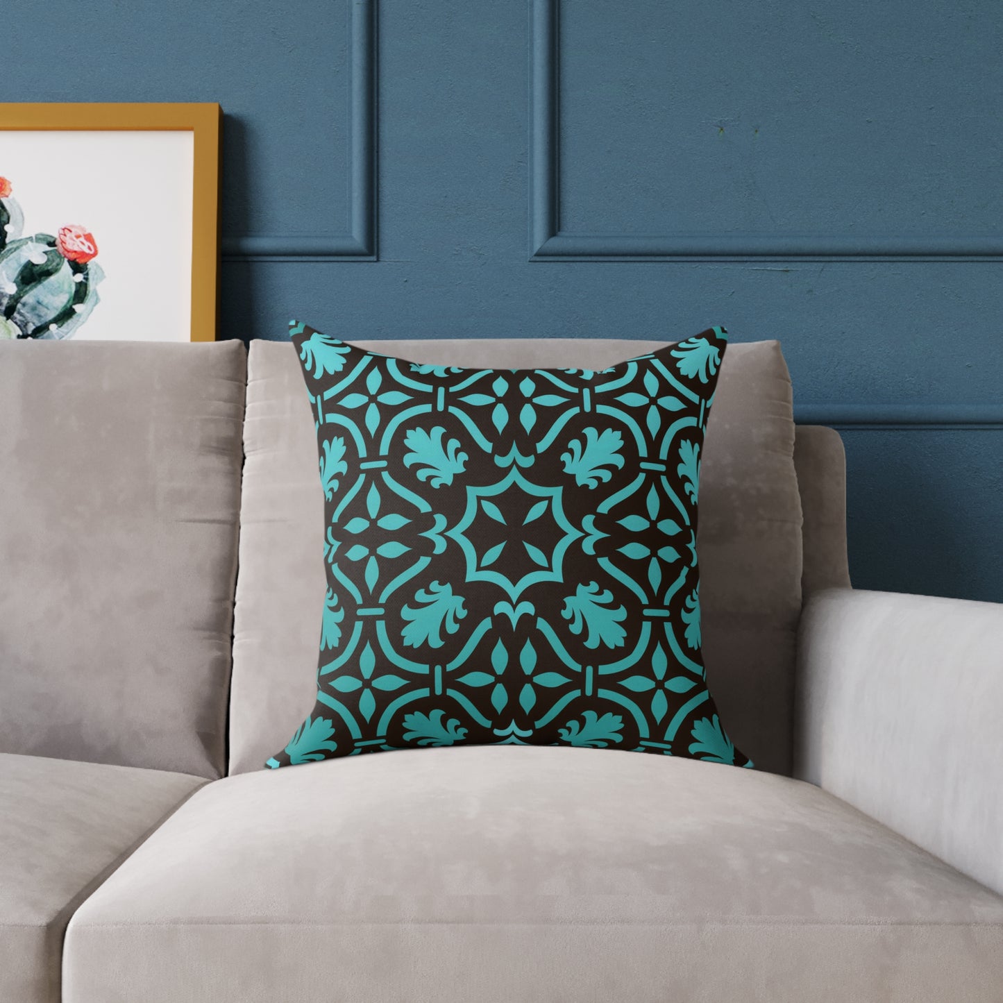 Teal Black Moroccan Tile Square Pillow | Poly Canvas Decorative Pillow