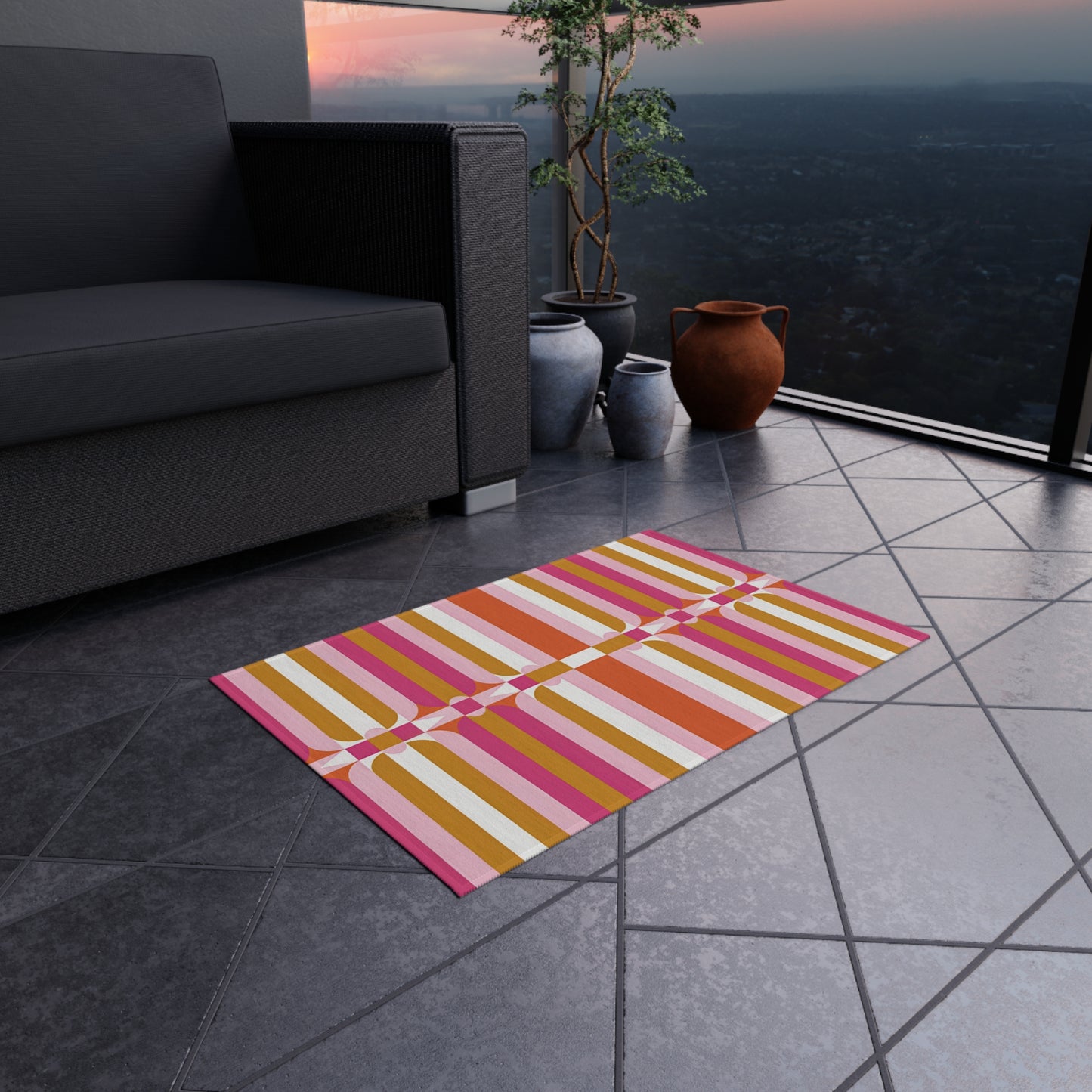 Retro Geometric Stripes Outdoor Rug | Pink Orange Mustard