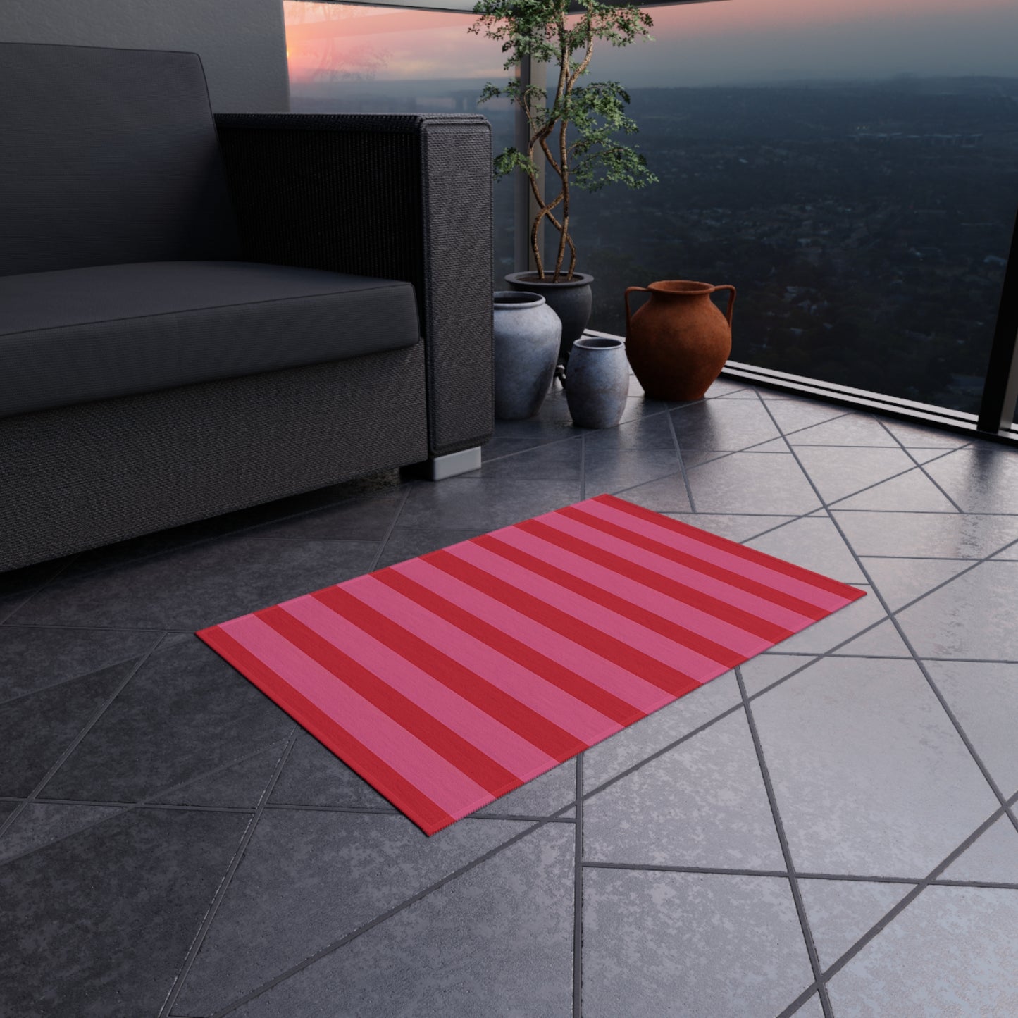 Bold Pink Red Striped Outdoor/Indoor Rug | Waterproof Patio Mat