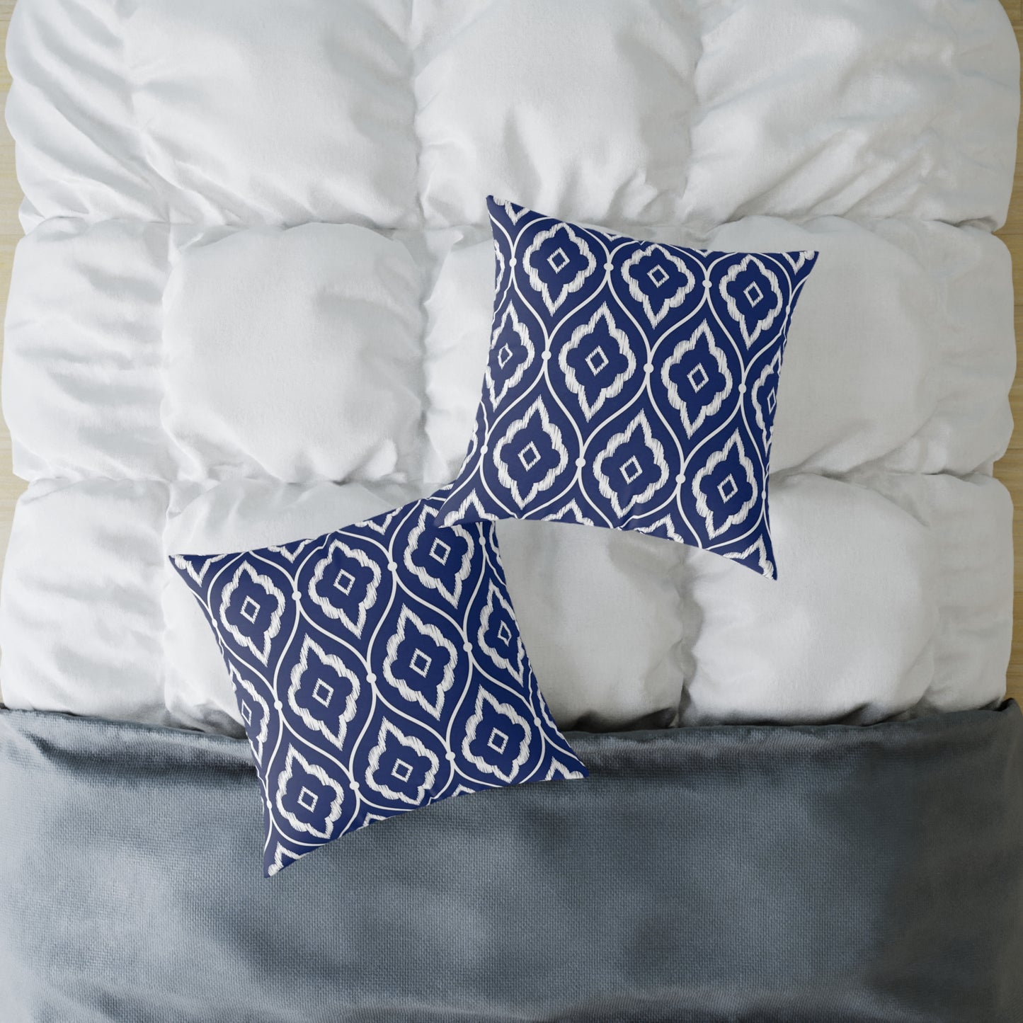 Navy and White Ikat Geometric Pattern Square Pillow | Coastal Home Decor