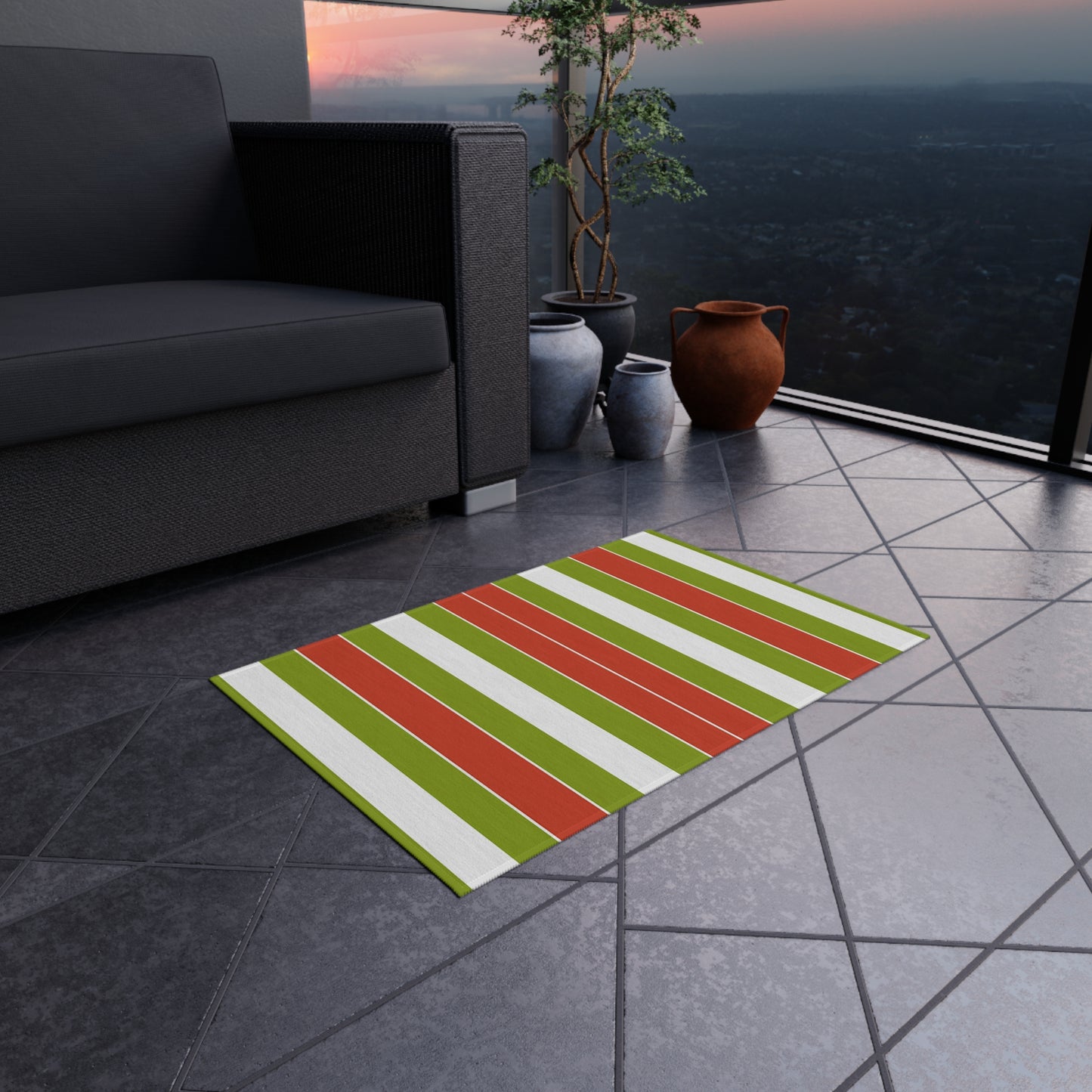 Green Red White Striped Outdoor/Indoor Rug | Patio Door Mat