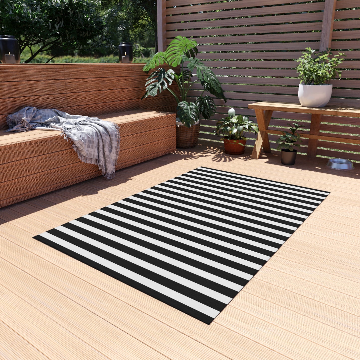 Black and White Stripe Indoor/Outdoor Rug | Patio Mat, Modern Chevron-Free Design