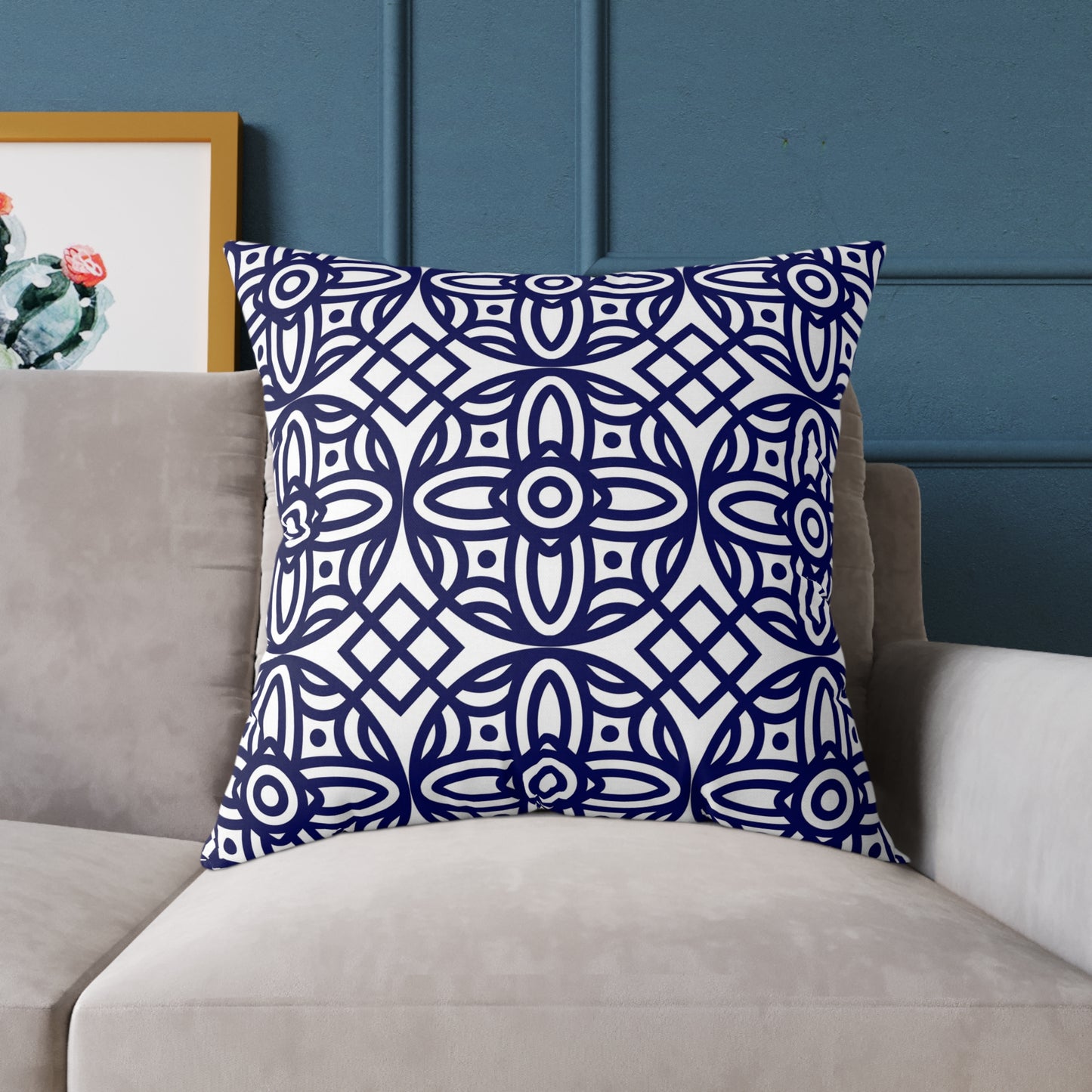 Navy Geometric Pattern Square Pillow | Blue Moroccan Motif, Boho Accent Cushion, Home Decor, Gift for Housewarming, Modern Interior Style