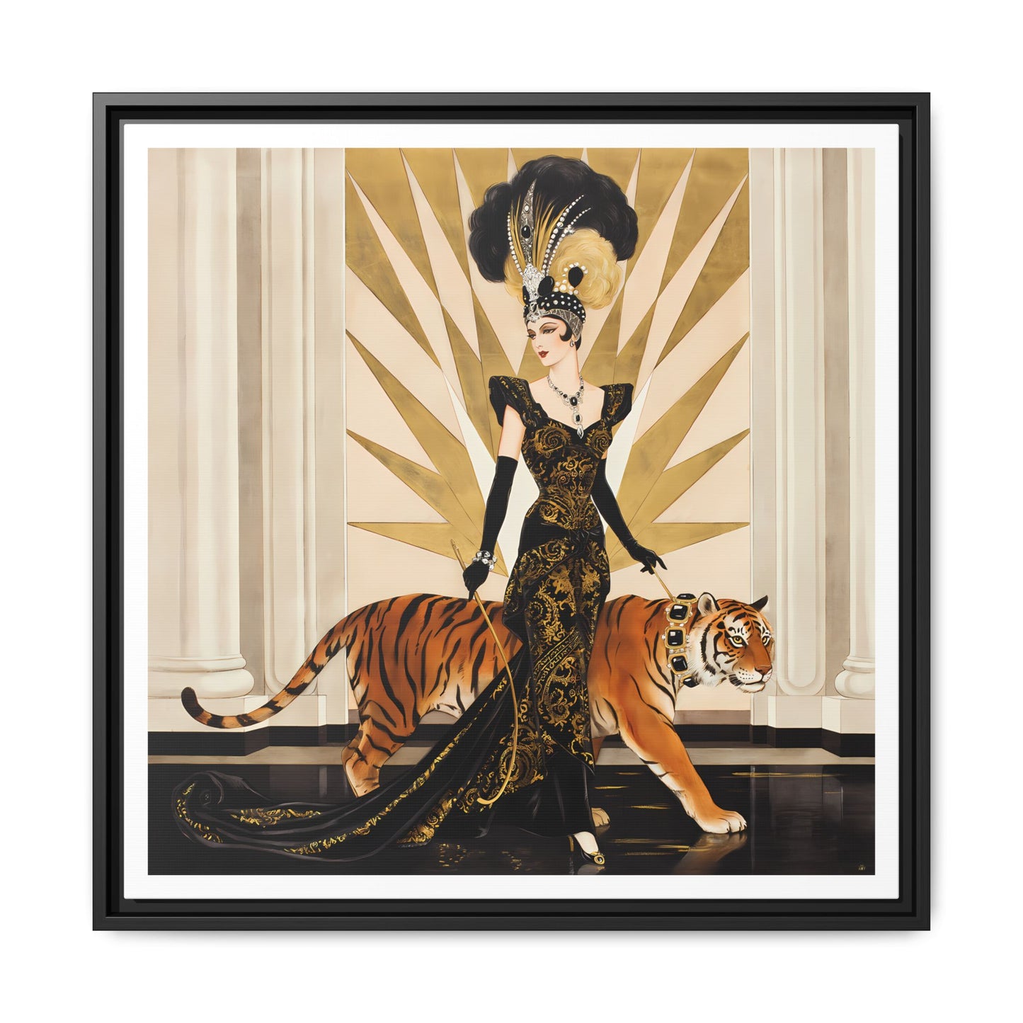 Art Deco Showgirl with Tiger Matte Canvas Framed Print