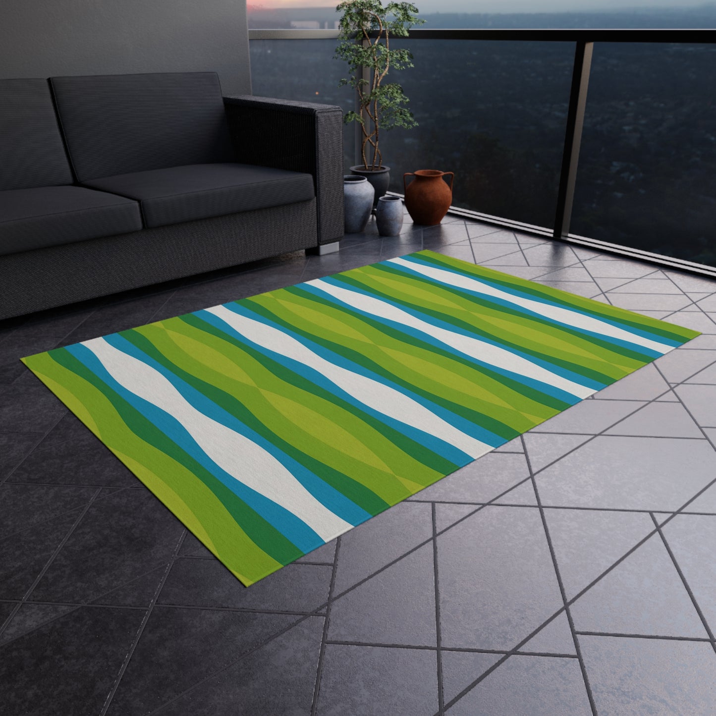 Green Blue White Wave Pattern Outdoor Rug | Striped Patio Mat