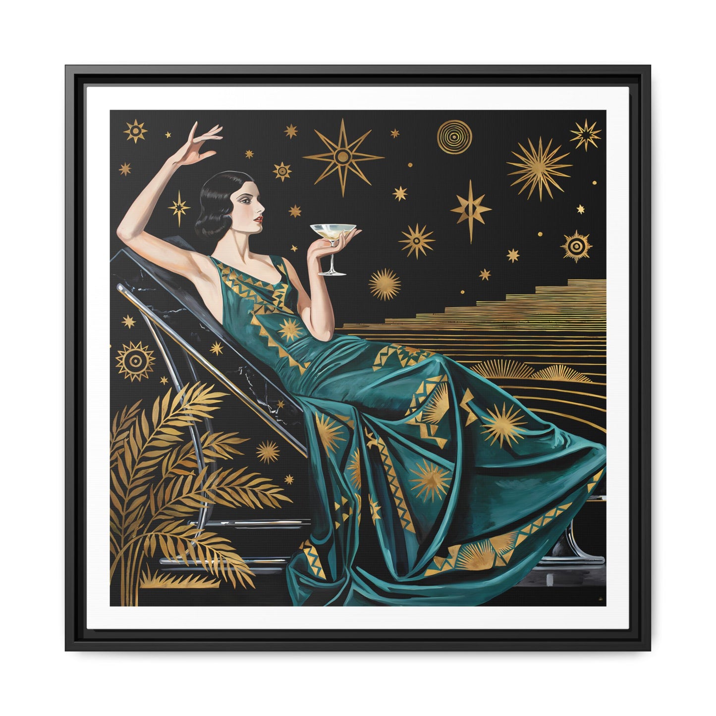 Art Deco Lady with Cocktail Matte Canvas Framed Wall Art