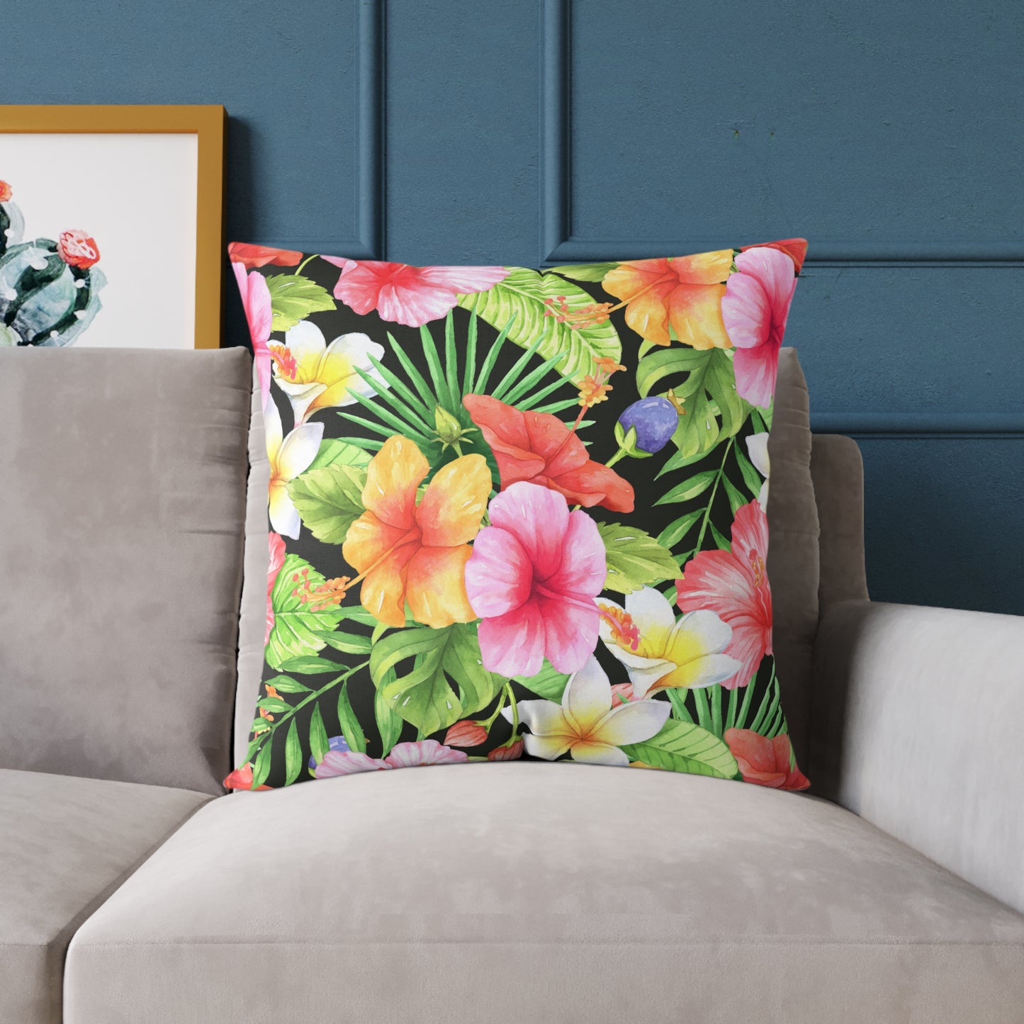 Tropical Pink Yellow Green Hibiscus Floral Square Pillow | Hawaiian Leaves Pattern
