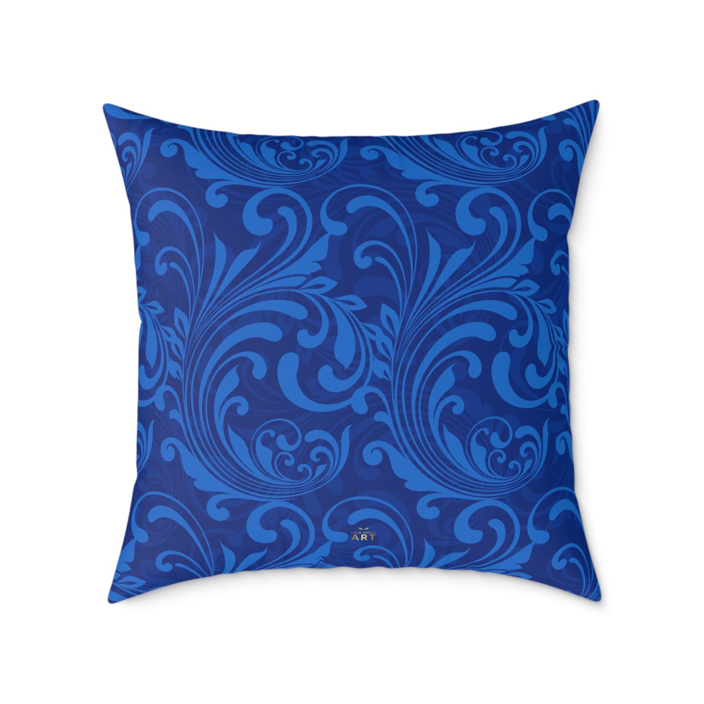 Blue Damask Scroll Pattern Square Pillow | Ornamental Floral Throw Pillow