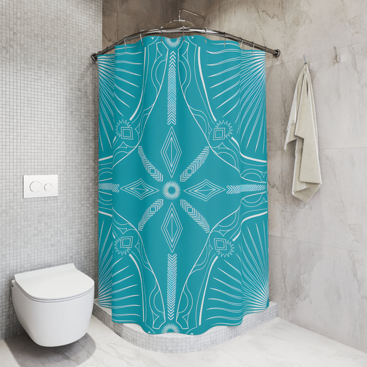 Turquoise Geometric Mandala Shower Curtain | Boho Pattern Bathroom Decor