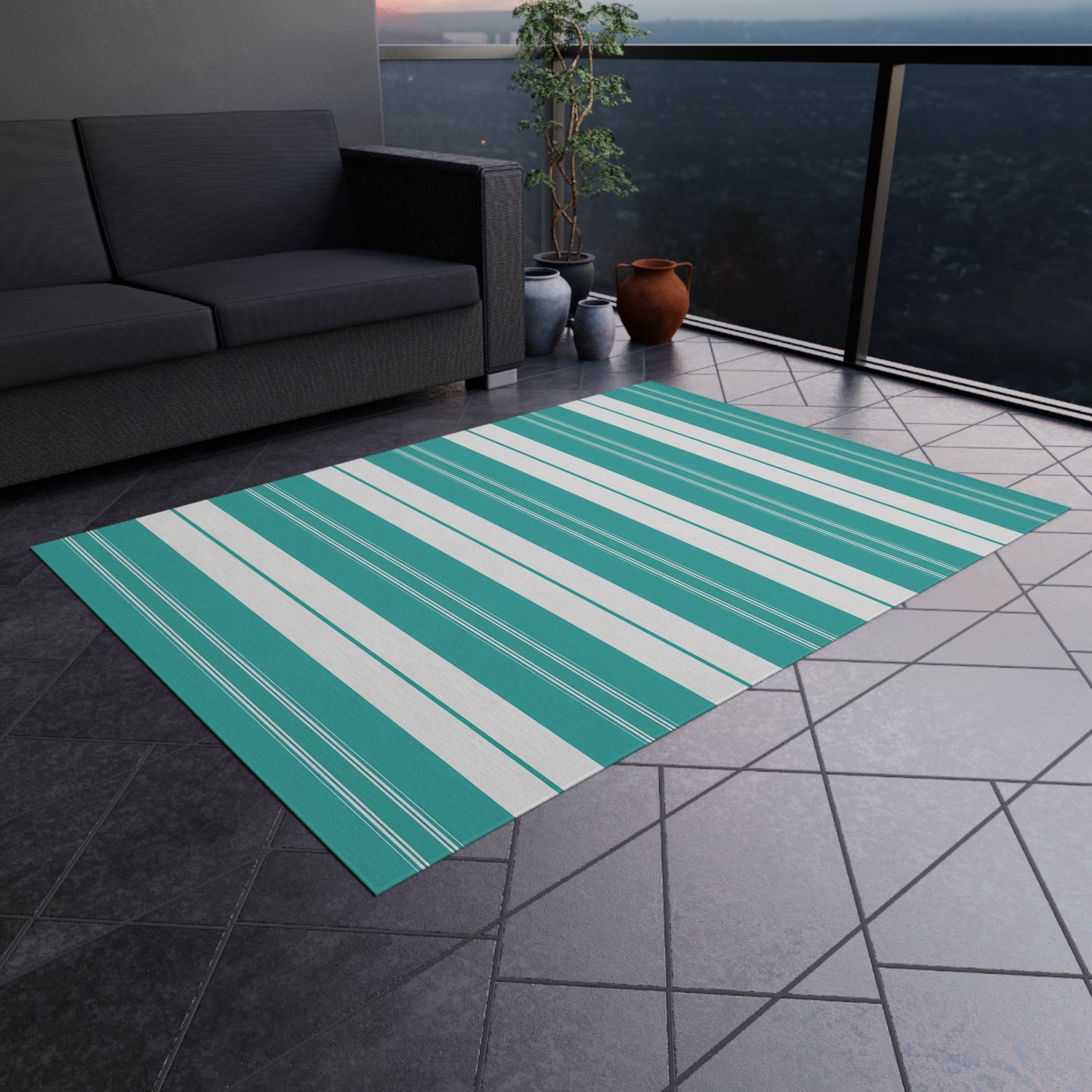 Teal White Stripe Outdoor/Indoor Rug | Patio Deck Mat