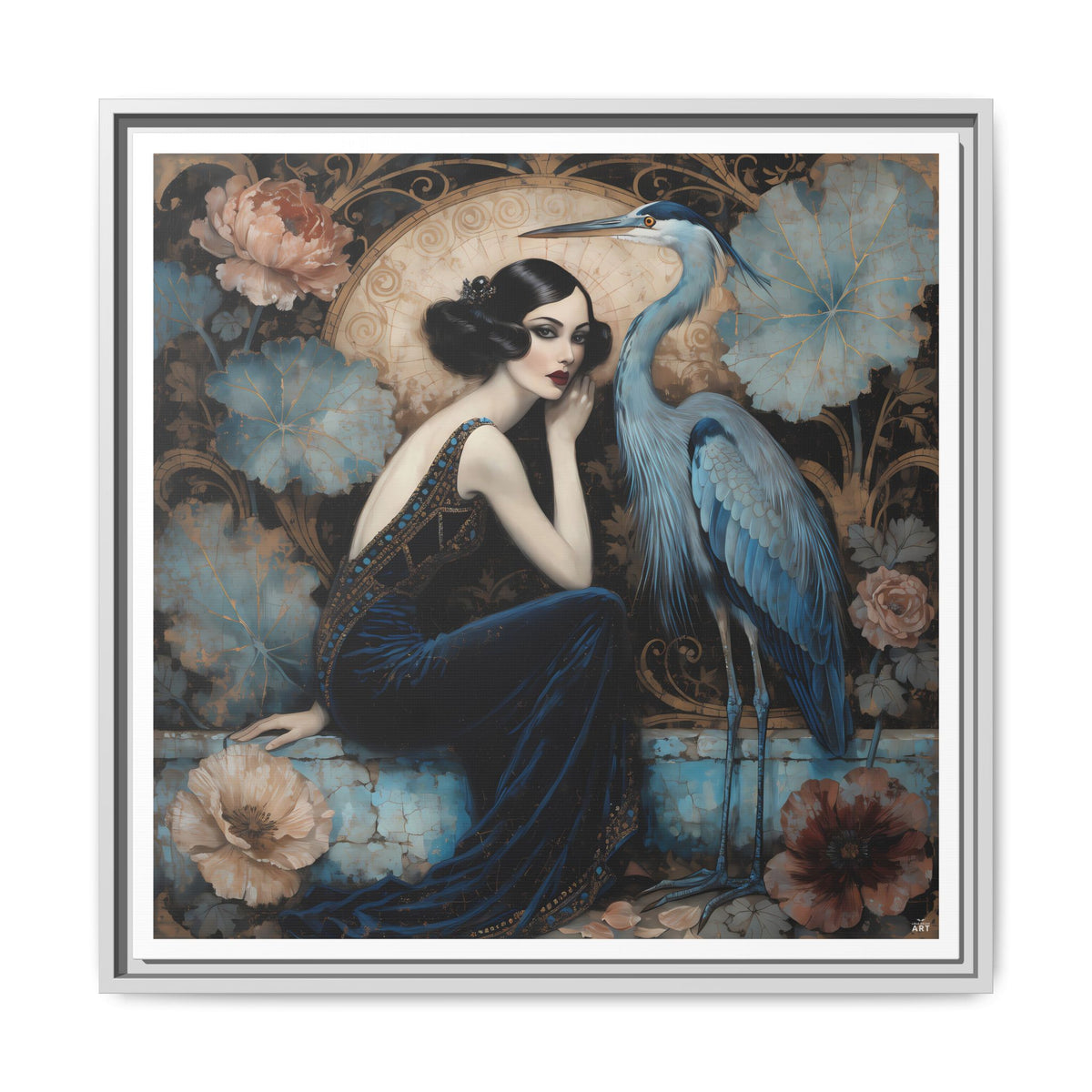 Art Deco Lady with Blue Heron Framed Canvas Wall Art