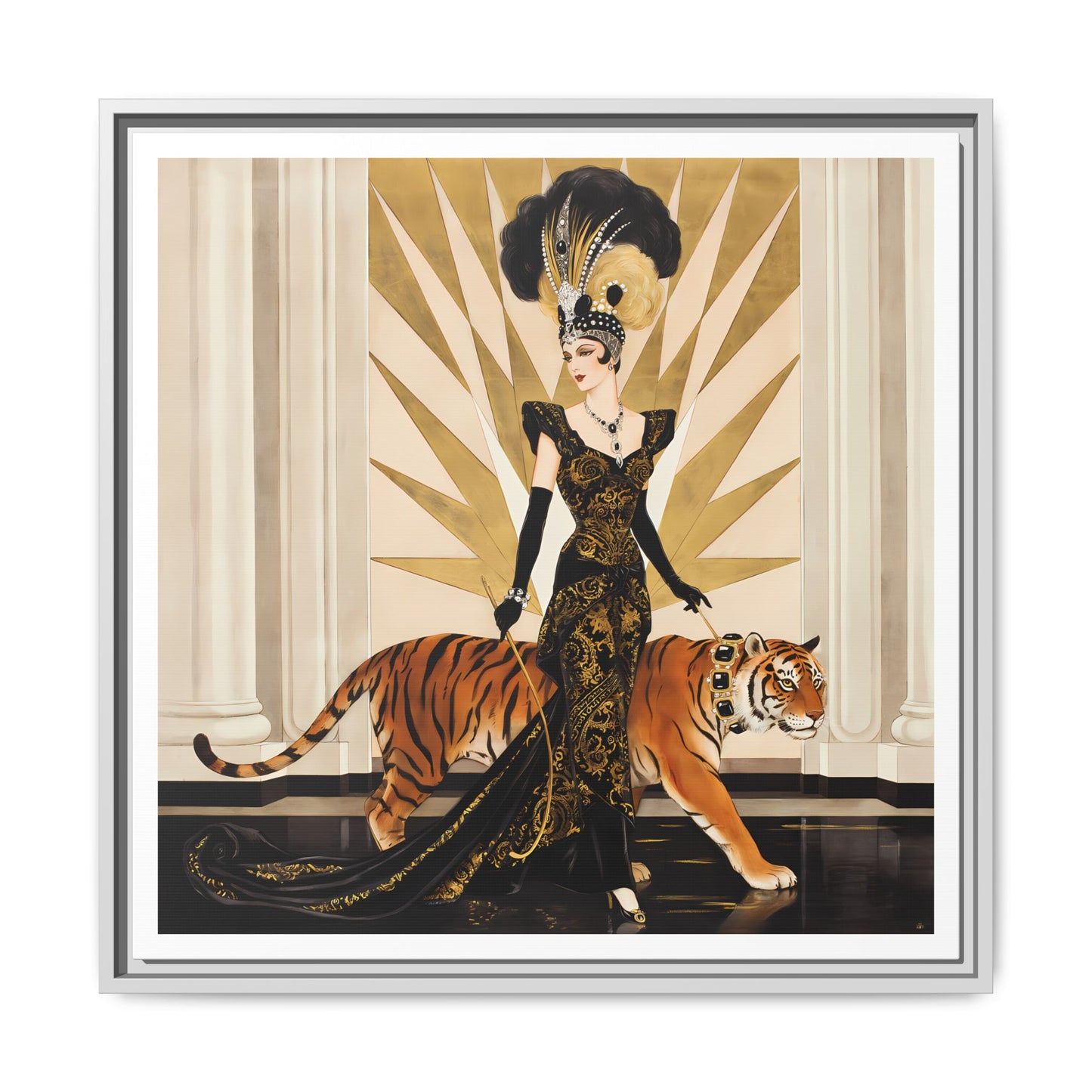 Art Deco Showgirl with Tiger Matte Canvas Framed Print