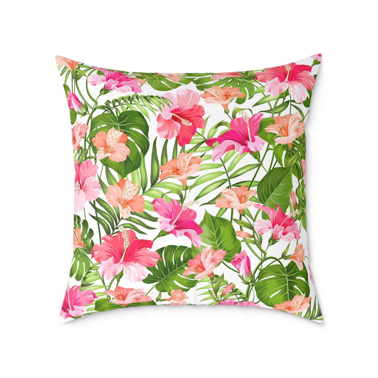 Pink Tropical Hibiscus Floral Square Pillow | Botanical Throw Cushion