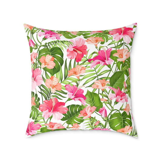 Pink Tropical Hibiscus Floral Square Pillow | Botanical Throw Cushion