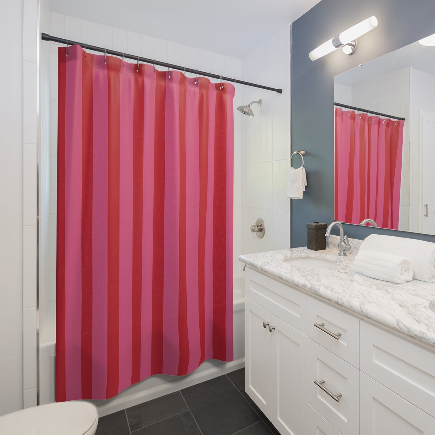 Pink Red Striped Shower Curtain | Vertical Ombre Bathroom Decor
