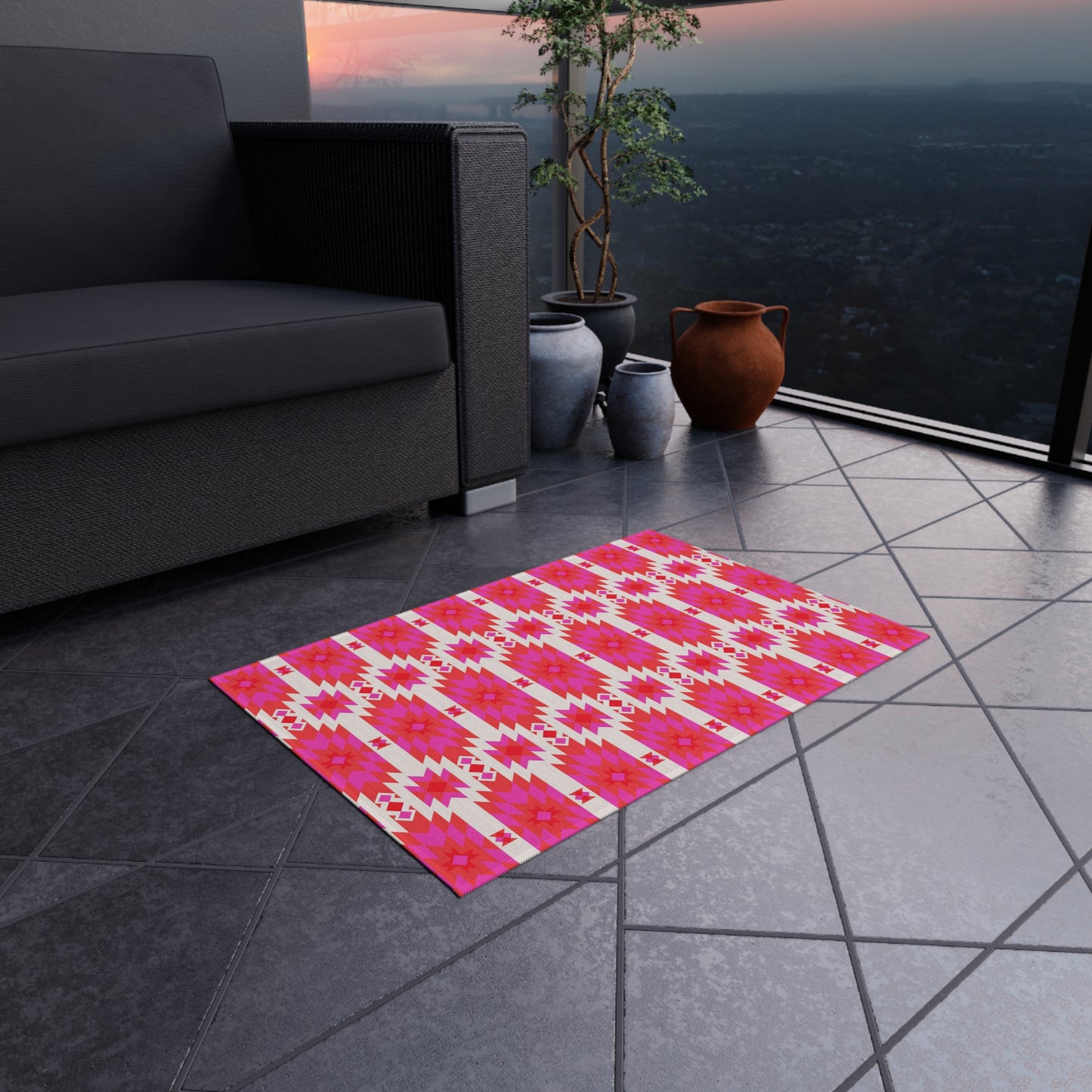 Pink Orange Aztec Geometric Pattern Outdoor/Indoor Rug | Southwestern Boho Patio Mat
