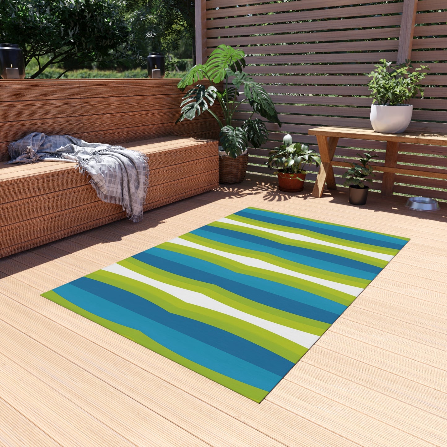 Blue Green White Wave Stripe Outdoor Rug | Patio Mat