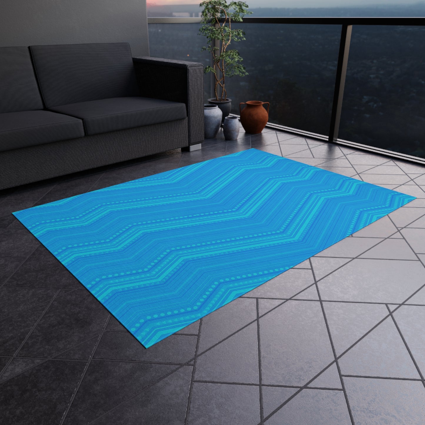 Blue Chevron Pattern Outdoor/Indoor Rug | Weatherproof Patio Mat