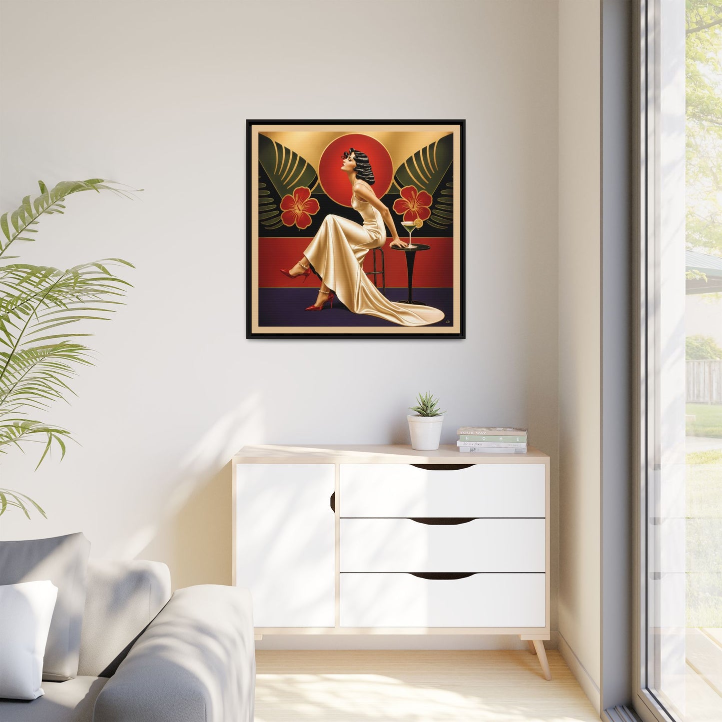 Art Deco Lady Red Green Beige Tropical Canvas Framed Wall Art | Matte Print
