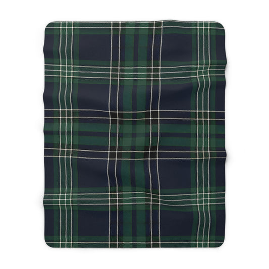 Green Navy Tartan Plaid Blanket | Sherpa Fleece Reversible