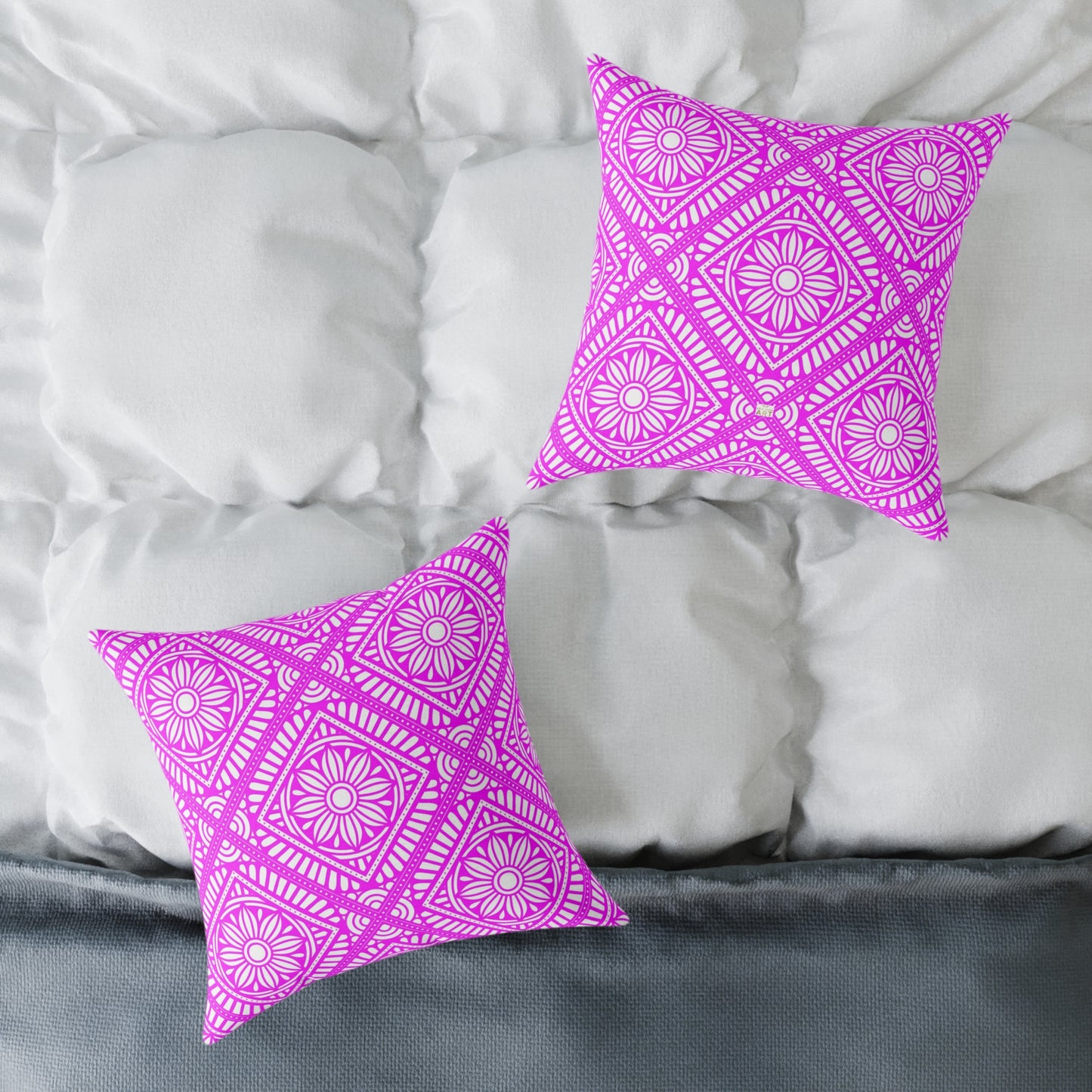 Pink and White Geometric Floral Tile Pillow | Square Poly Canvas Pillow