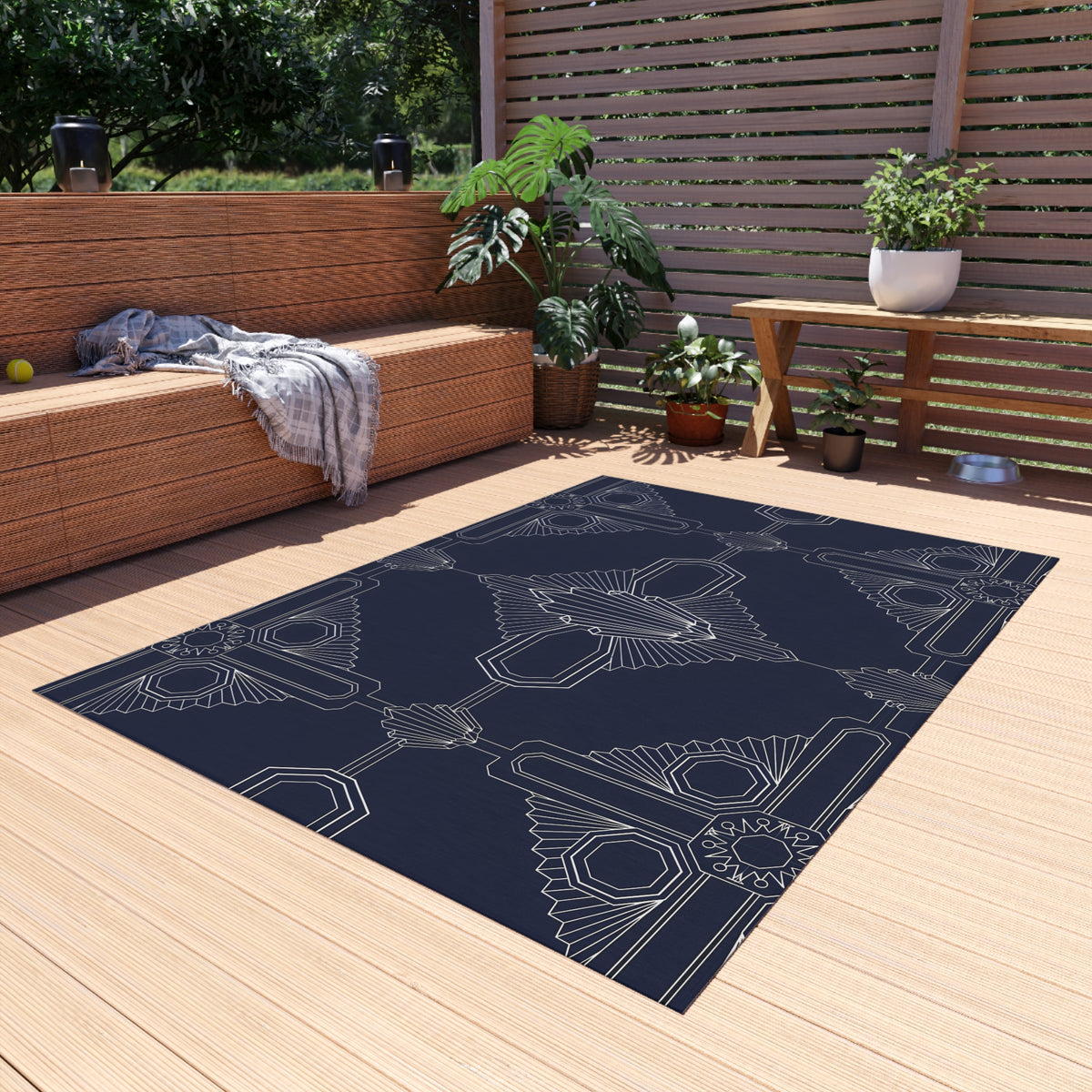 Art Deco Geometric Outdoor Rug | Navy Patterned Patio Mat