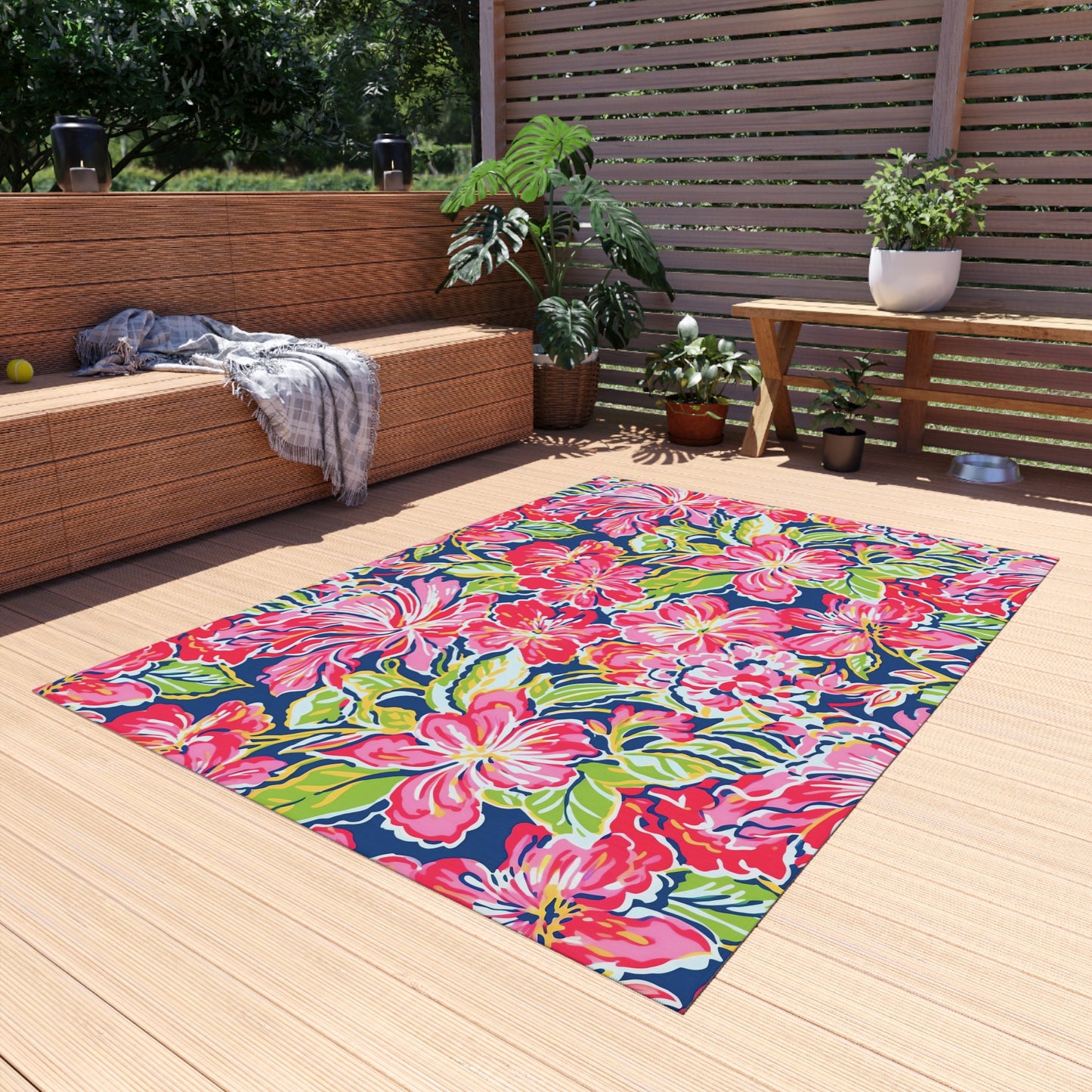 Pink Tropical Floral Indoor/Outdoor Rug | Hibiscus Pattern Patio Mat