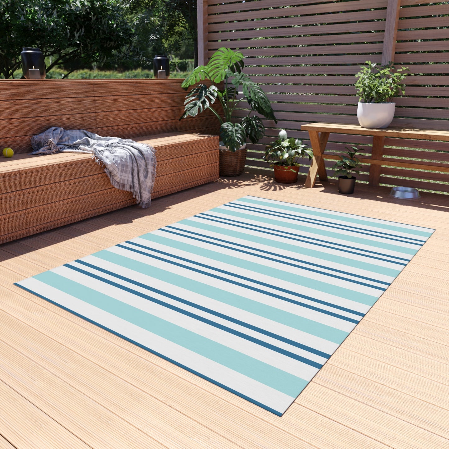 Blue White Striped Coastal Pattern Outdoor Rug | Patio Mat