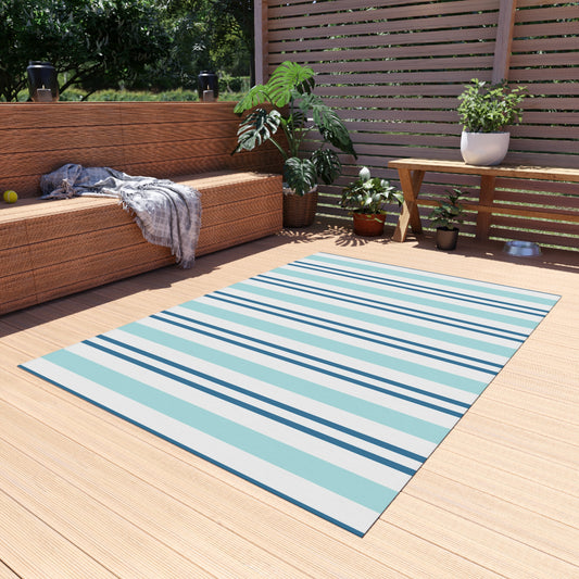 Blue White Striped Coastal Pattern Outdoor Rug | Patio Mat