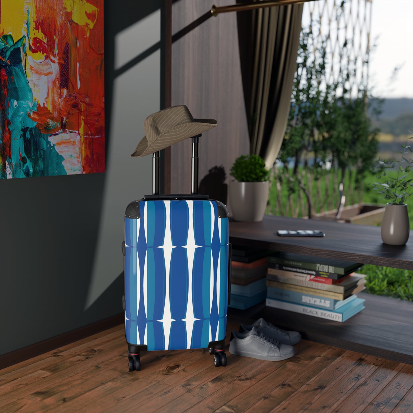 Blue Mid-Century Geometric Suitcase | Retro Stripe Luggage