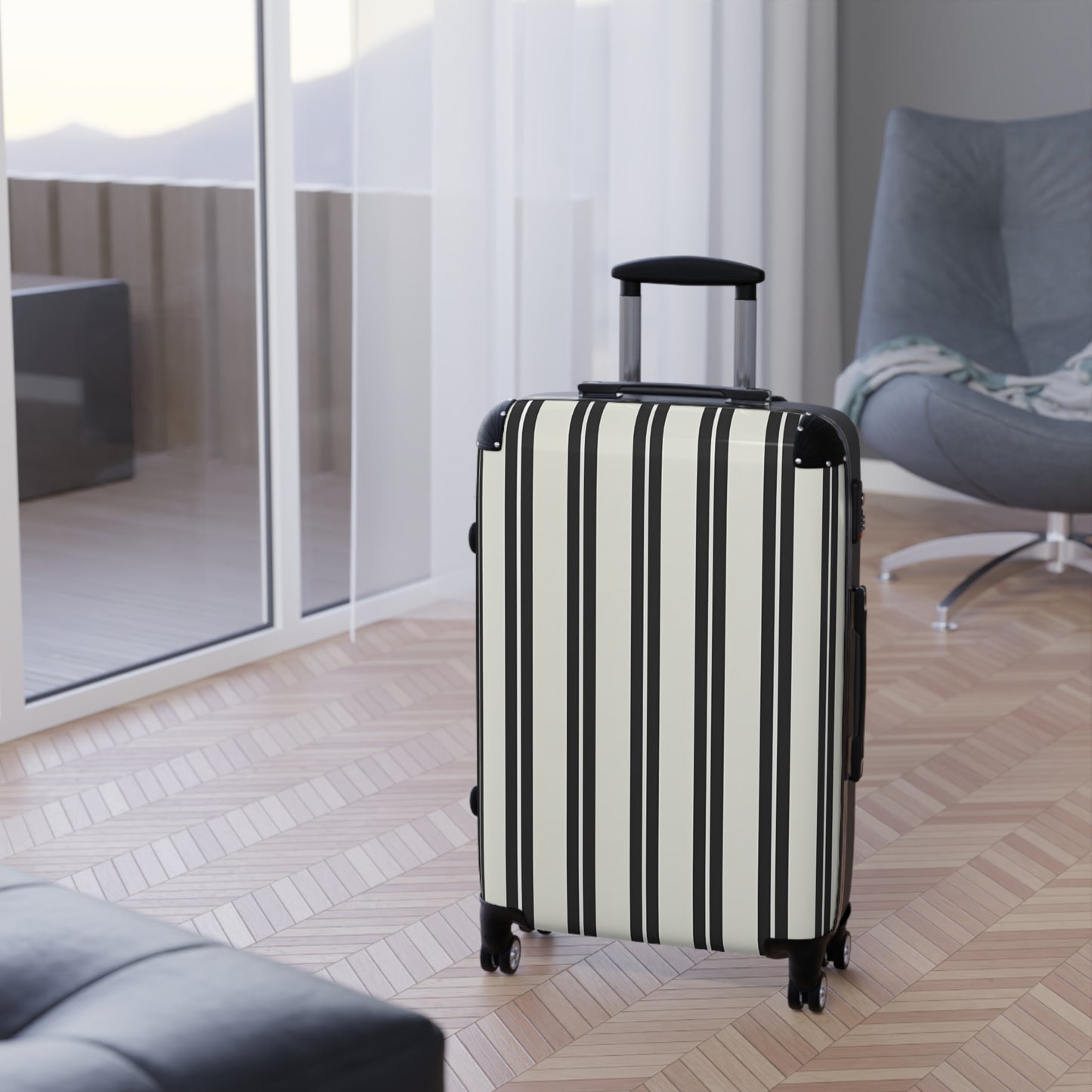 Black and White Vertical Stripes Suitcase | Hard Shell Carry-On Luggage