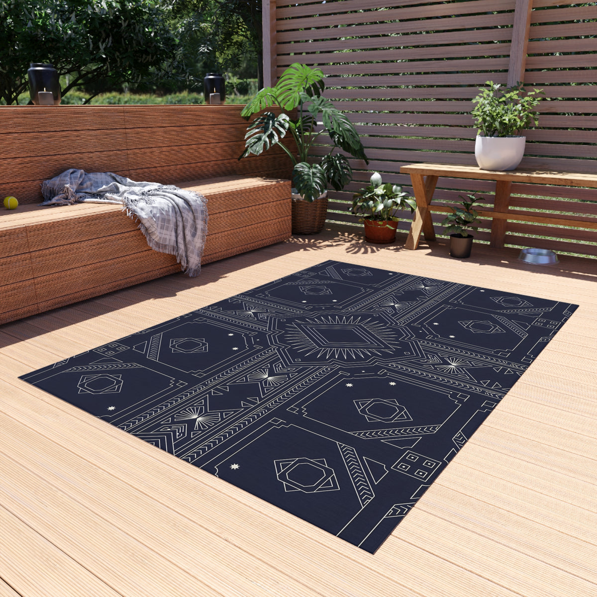 Geometric Aztec Pattern Outdoor Rug | Navy Diamond Porch Mat