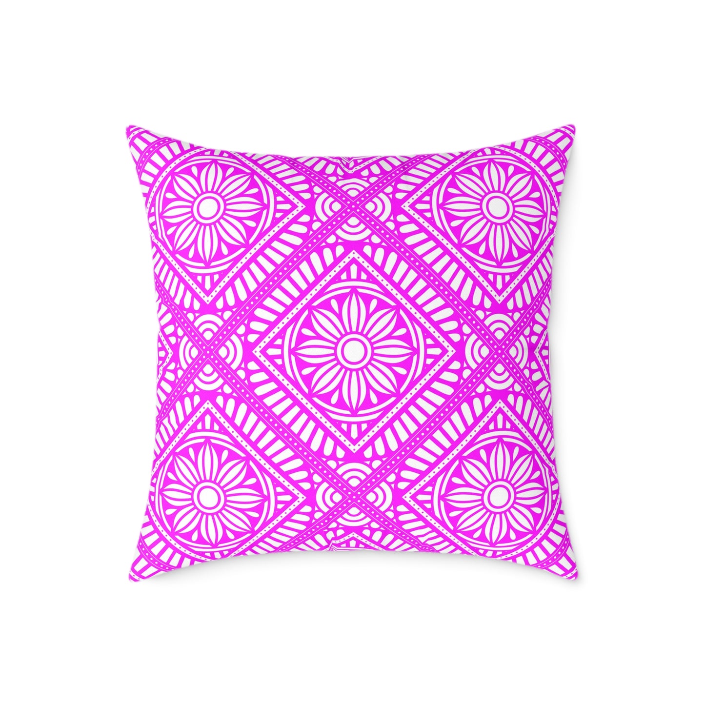 Pink and White Geometric Floral Tile Pillow | Square Poly Canvas Pillow