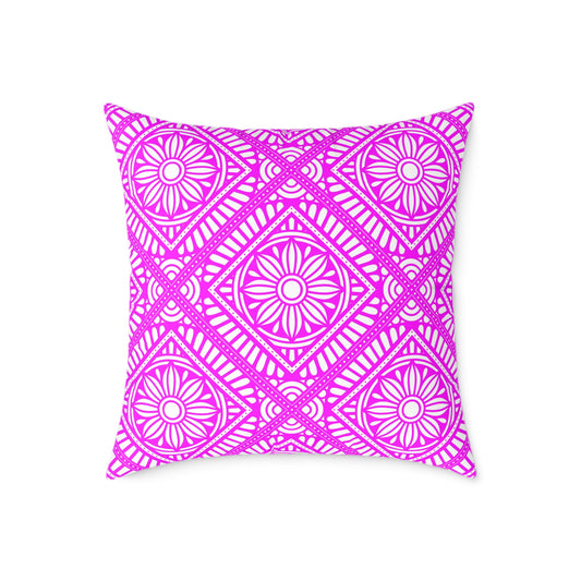 Pink and White Geometric Floral Tile Pillow | Square Poly Canvas Pillow