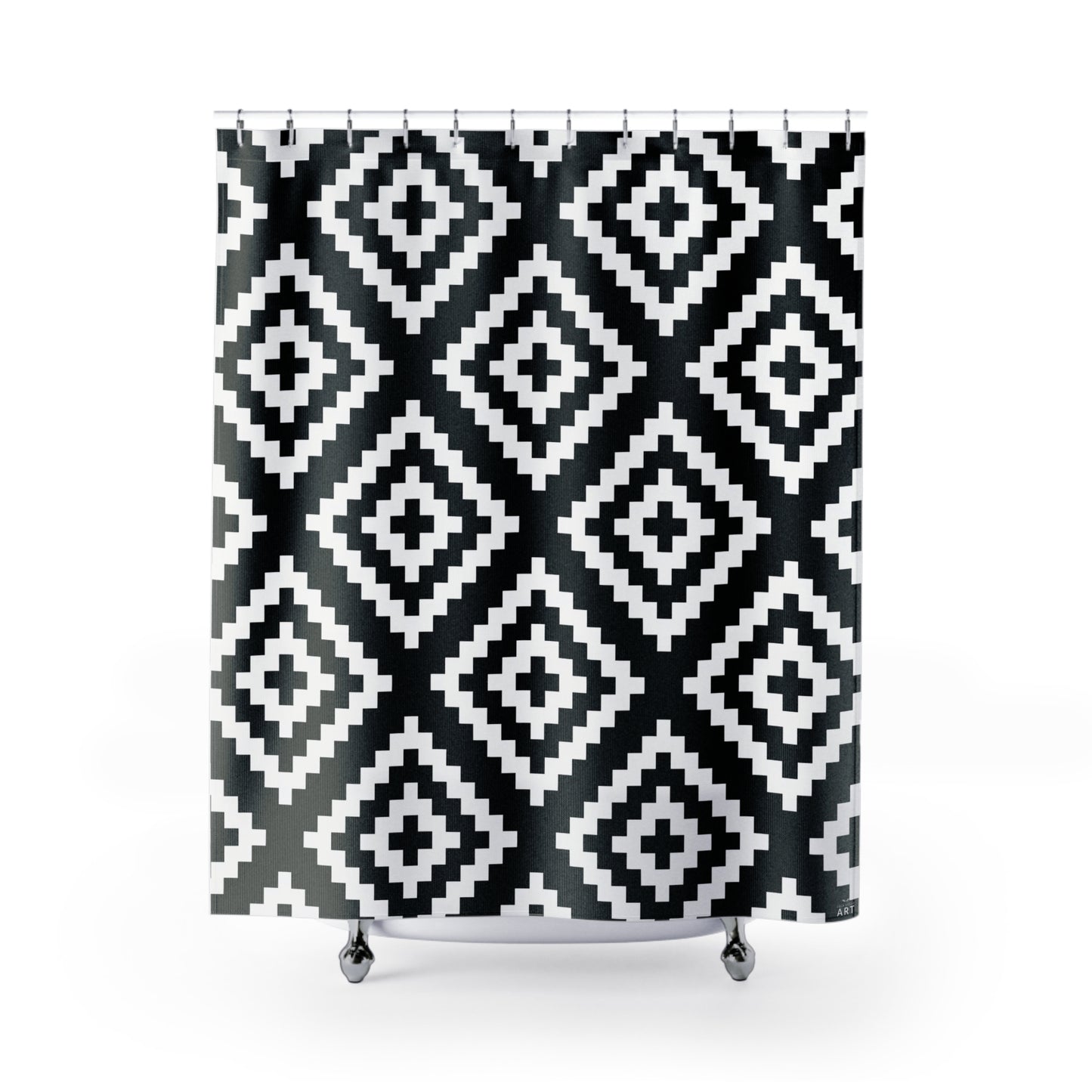 Black White Boho Native American Geometric Diamond Shower Curtain | Aztec Pattern