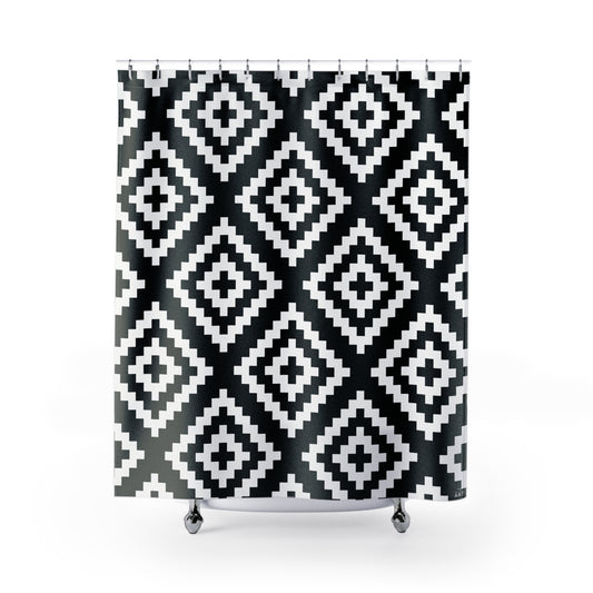 Black White Boho Native American Geometric Diamond Shower Curtain | Aztec Pattern