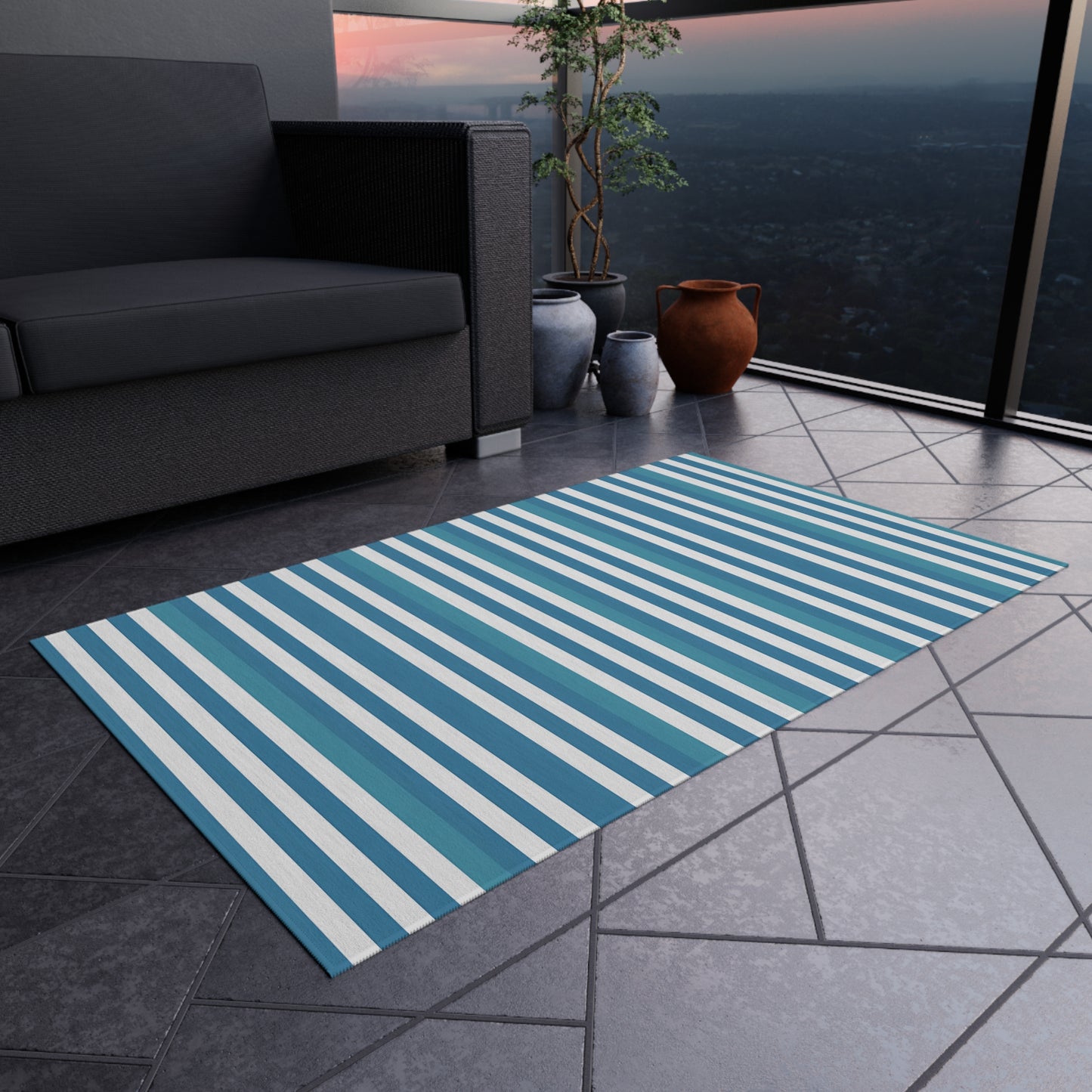 Blue White Striped Outdoor/indoor Rug | Patio Door Mat