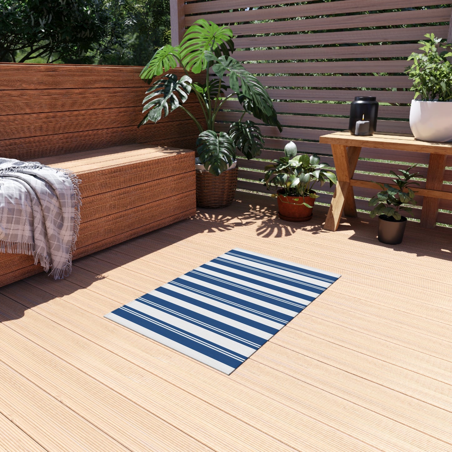 Navy Blue Stripe Outdoor/Indoor Rug | Patio Deck Mat
