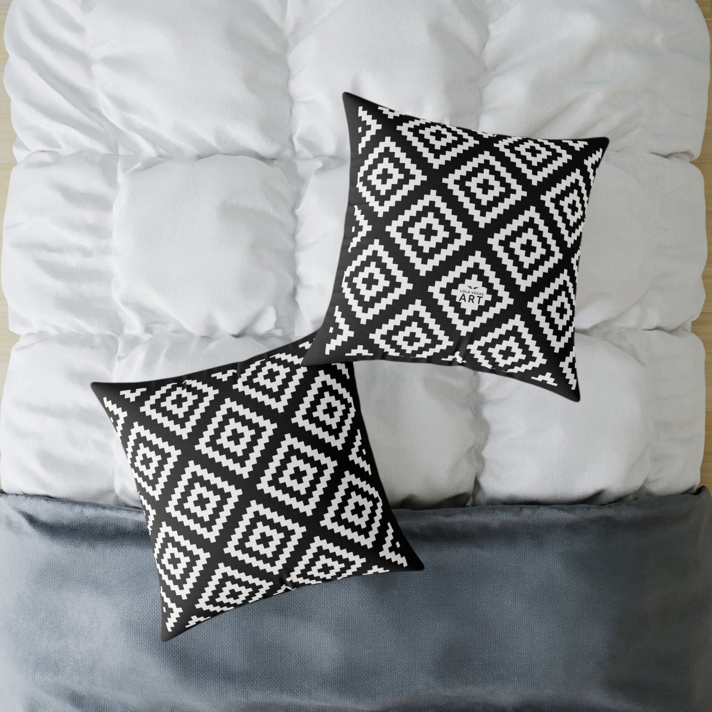 Black White Boho Native American Geometric Diamond Pattern Pillow | Square Poly Canvas Pillow