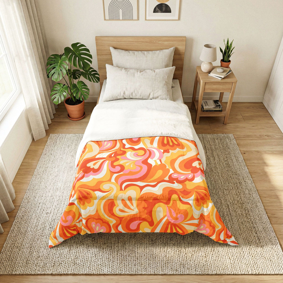 Retro Red Pink Orange Swirl Cotton Comforter | Psychedelic Floral Pattern