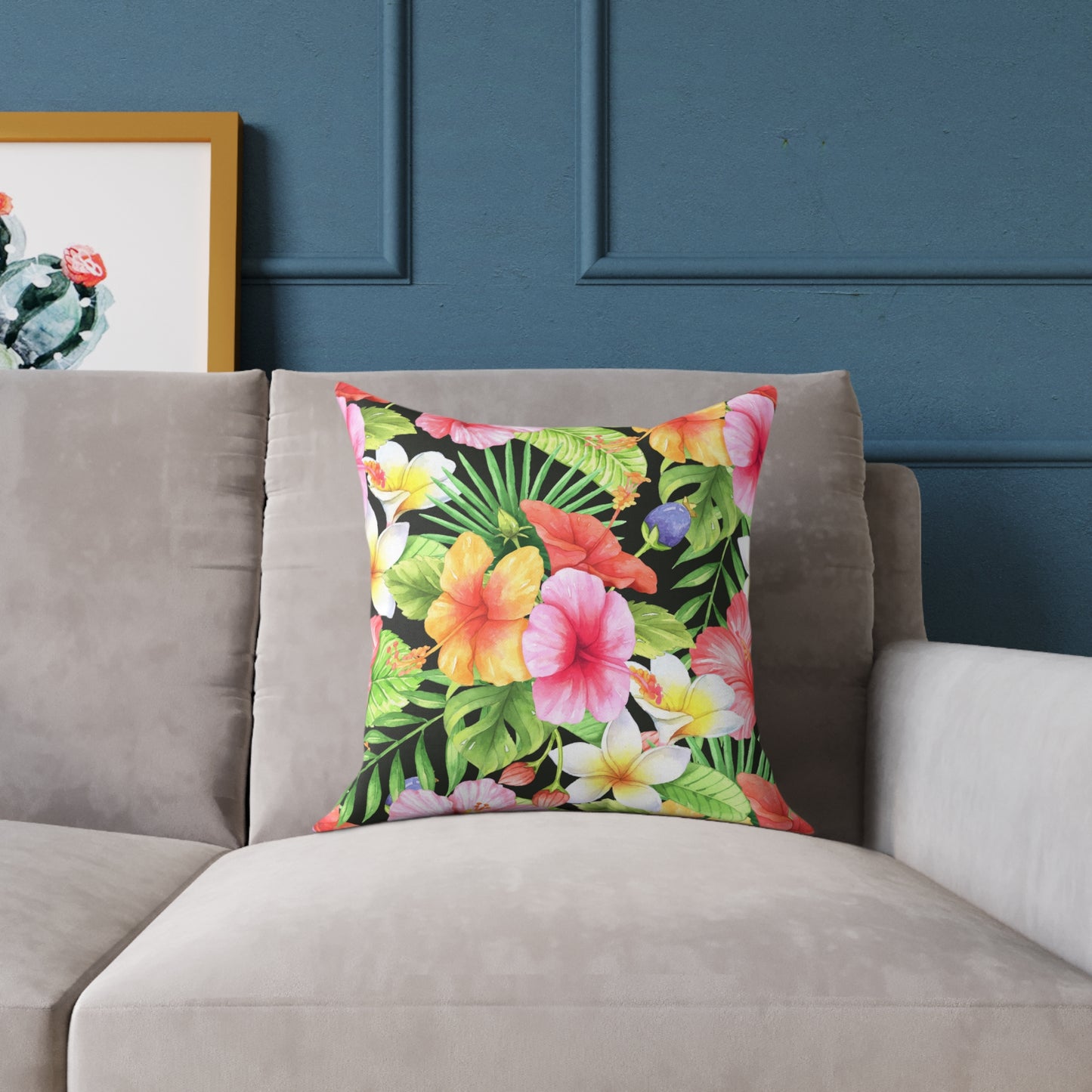 Tropical Pink Yellow Green Hibiscus Floral Square Pillow | Hawaiian Leaves Pattern
