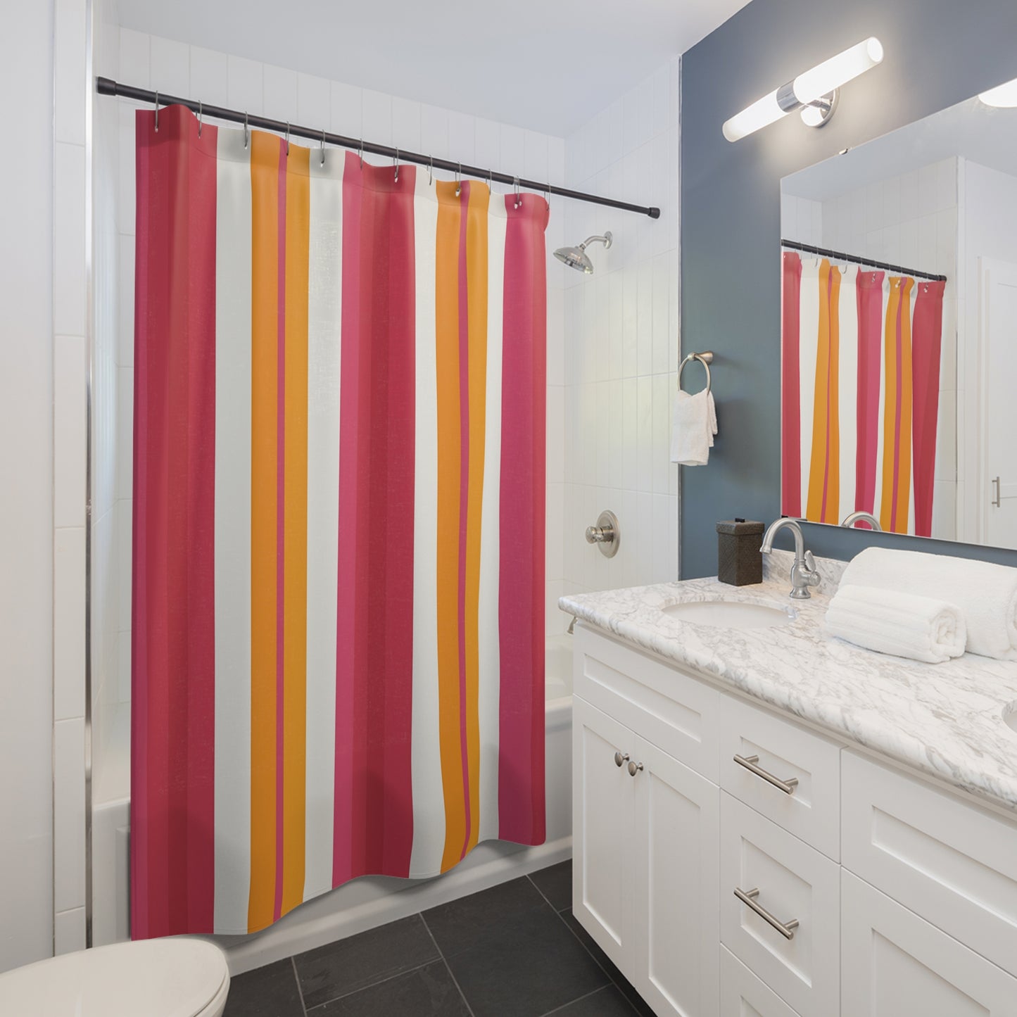 Retro Stripe Shower Curtain | Pink Orange Vertical Stripes