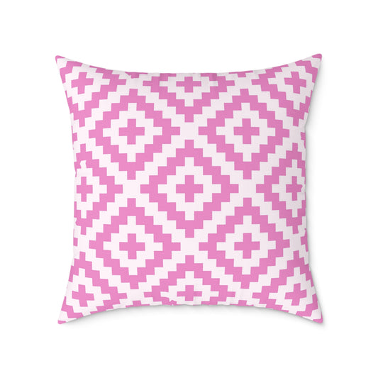 Pink White Geometric Boho Native American Diamond Pattern Pillow | Square Accent Cushion