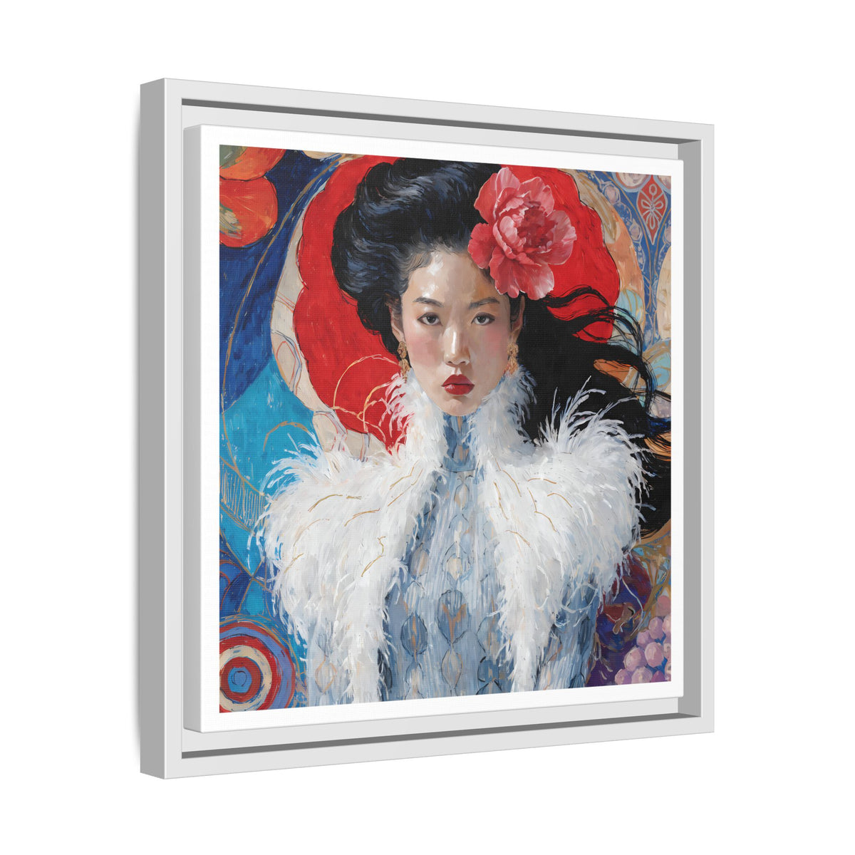 Asian Femme Portrait Matte Canvas Framed | Woman with Feather Collar Wall Art