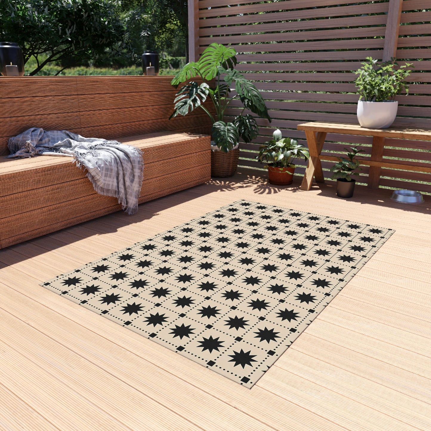 Black Star Tile Outdoor/Indoor Rug | Geometric Patio Mat, Weatherproof Accent Rug