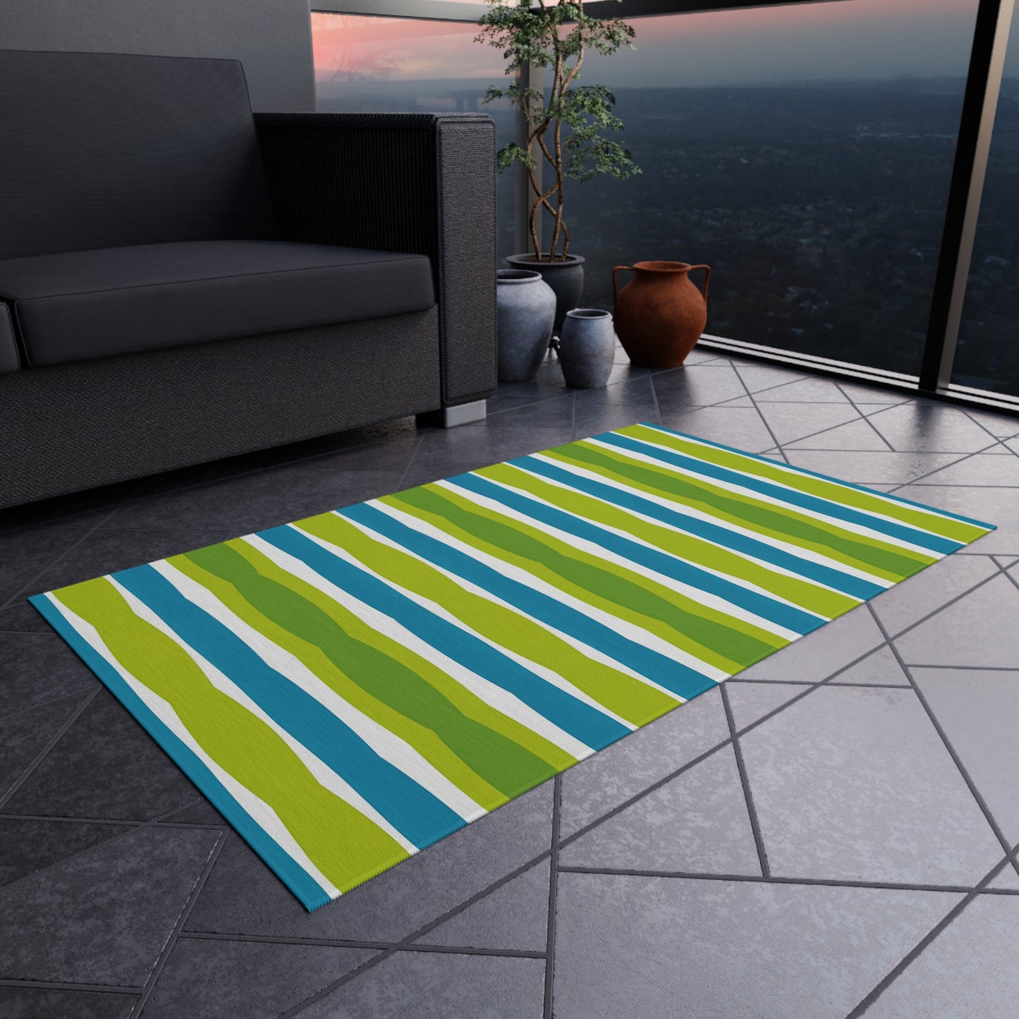Blue Green Wave Stripe Outdoor/Indoor Rug | Patio Mat, Weatherproof Floor Covering